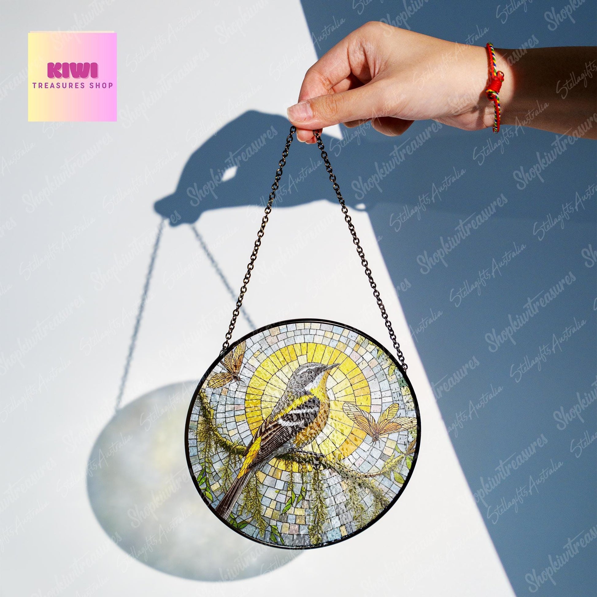 Yellow-Rumped Warbler Bird GLASS Suncatcher,Spanish moss Suncatcher Ornament, bird watching gift, Housewarming gift, Warbler Bird lover