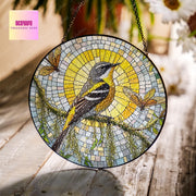Yellow-Rumped Warbler Bird GLASS Suncatcher,Spanish moss Suncatcher Ornament, bird watching gift, Housewarming gift, Warbler Bird lover