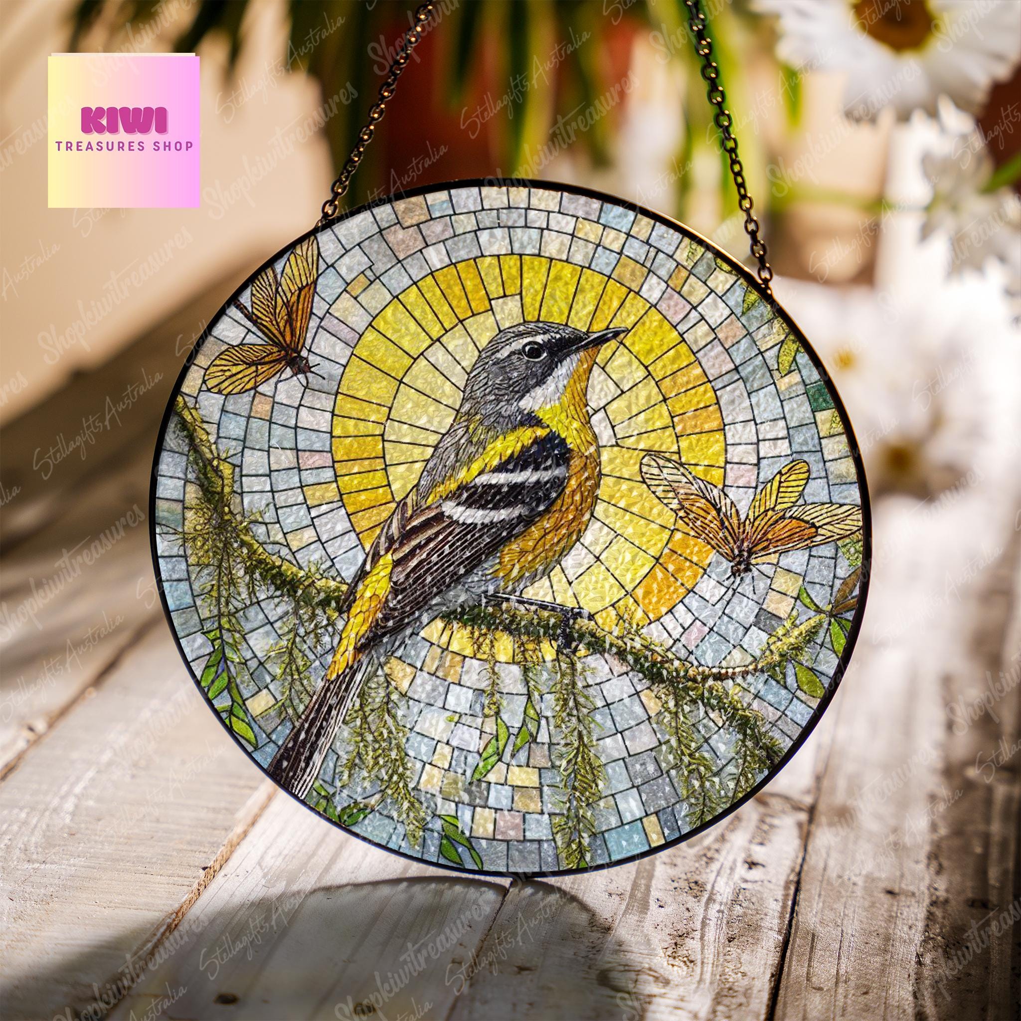 Yellow-Rumped Warbler Bird GLASS Suncatcher,Spanish moss Suncatcher Ornament, bird watching gift, Housewarming gift, Warbler Bird lover