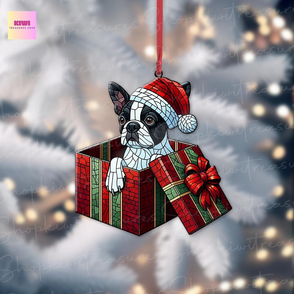 Christmas Boston Terrier Peeking Inside Present Box Ornament, Boston Terrier Lover, Dog Xmas Gift, Funny Xmas Decor, Gift For Her, Dog Lover
