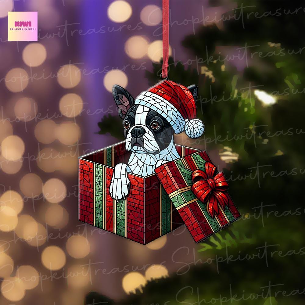 Christmas Boston Terrier Peeking Inside Present Box Ornament, Boston Terrier Lover, Dog Xmas Gift, Funny Xmas Decor, Gift For Her, Dog Lover