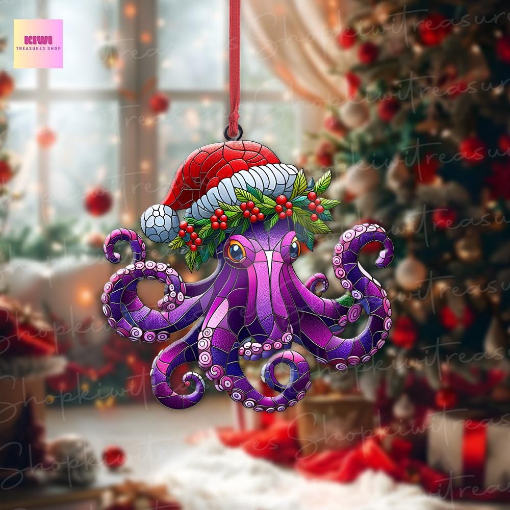 Christmas octopus Ornament, purple octopus ornament, sea animal ornament, octopus lover gift, unique idea gift, funny octopus hanging