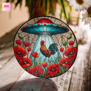 UFO Abduction rooster Wildflowers Glass Suncatcher Hanigng, Rooster Window Hanging, Indoor Decor, red poppies suncatcher