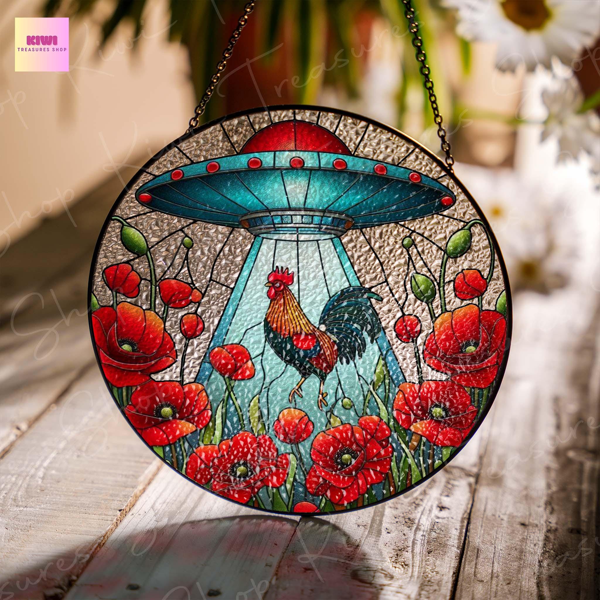 UFO Abduction rooster Wildflowers Glass Suncatcher Hanigng, Rooster Window Hanging, Indoor Decor, red poppies suncatcher