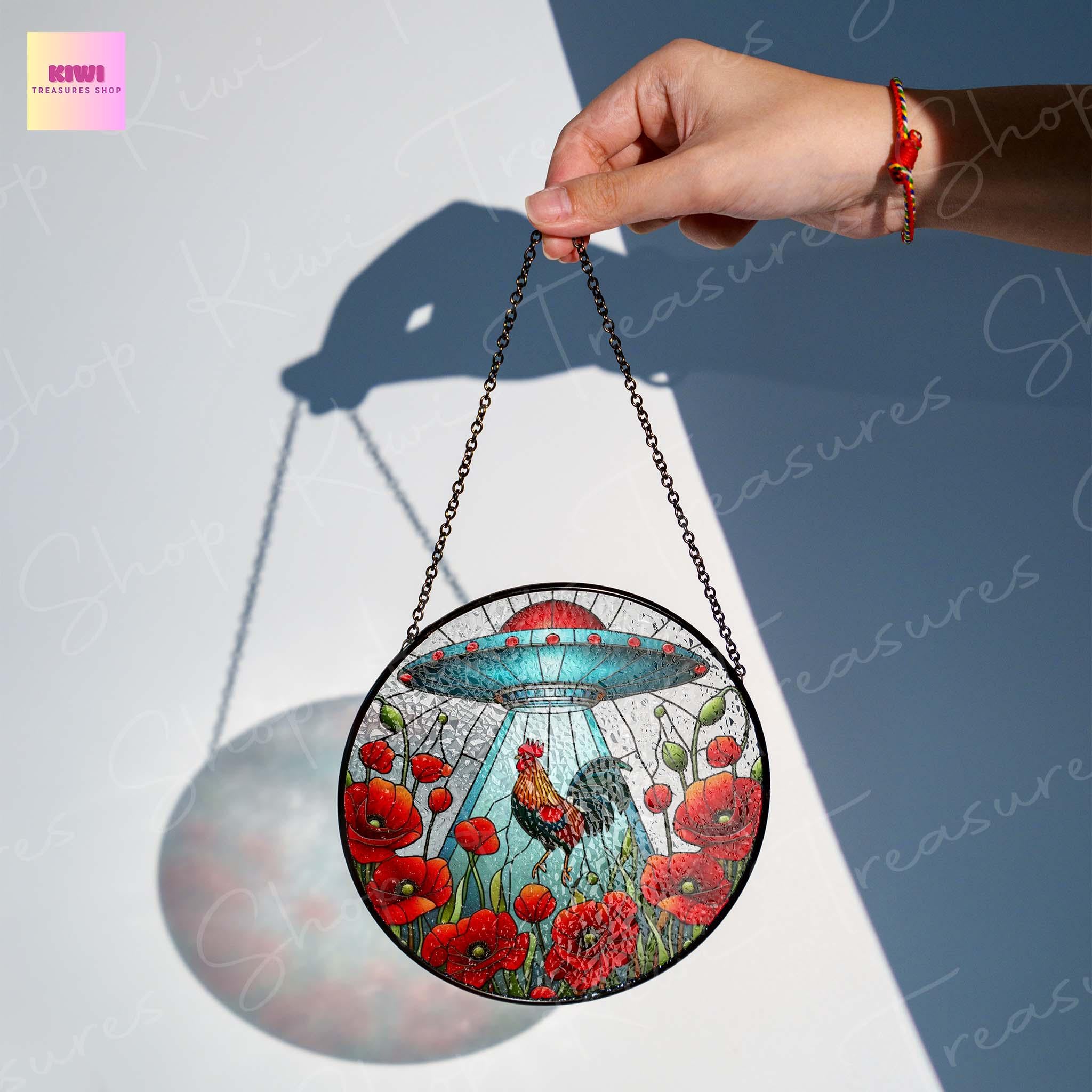 UFO Abduction rooster Wildflowers Glass Suncatcher Hanigng, Rooster Window Hanging, Indoor Decor, red poppies suncatcher