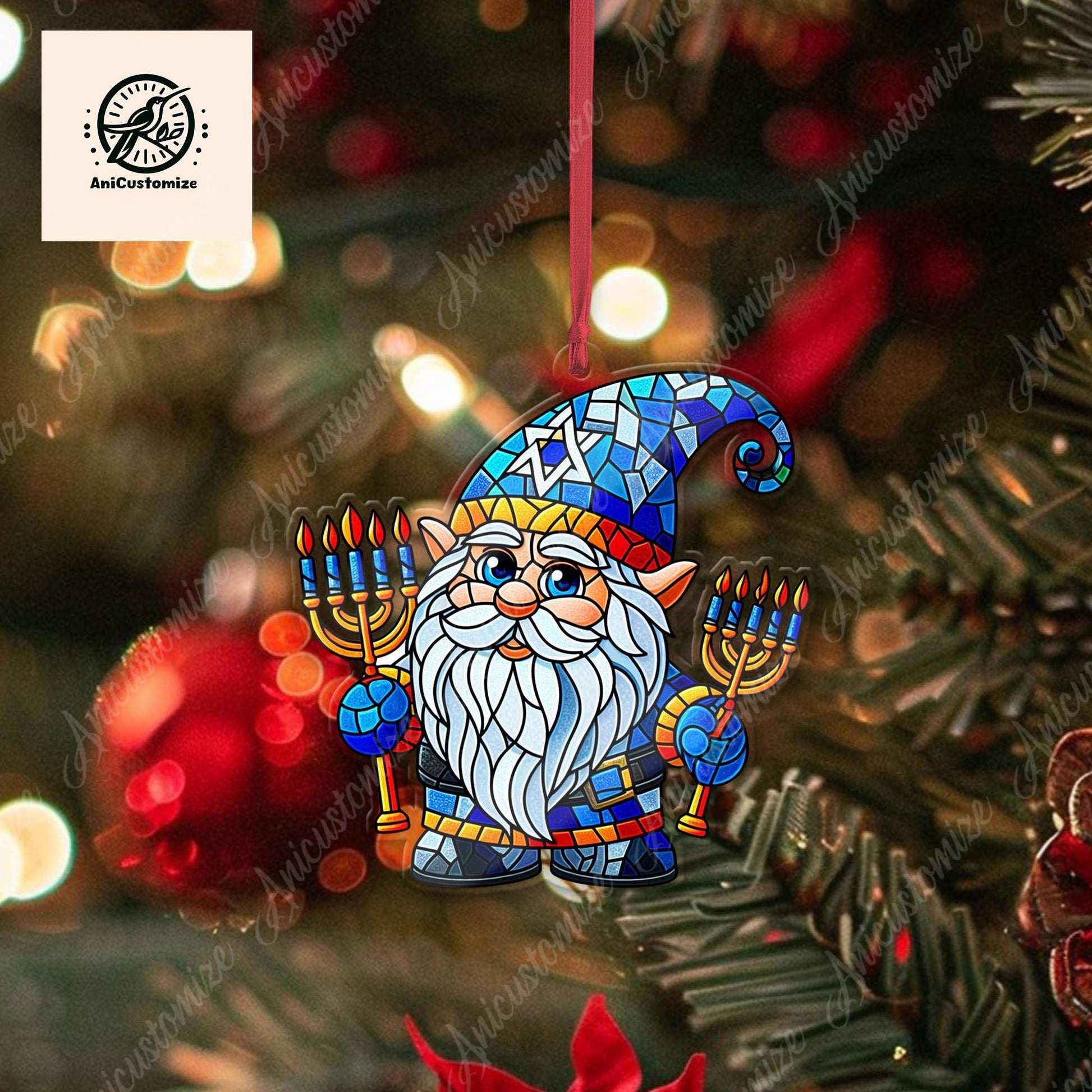 Hanukkah Gnome Acrylic Christmas Ornament Decor, Hanukkah Season Decor, Menorah, Jewish Decoration, Christmas Tree Decor, Xmas Gift Idea