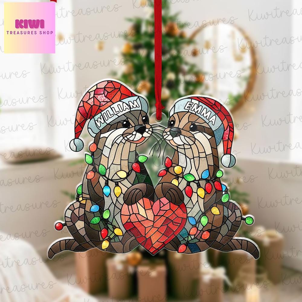 Personalized Christmas otter couple  Ornament, ferret ornament, otter lover gift, gift for couple, custom name, anniversary gift