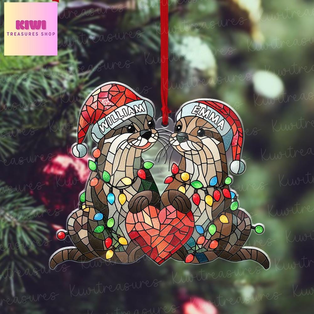 Personalized Christmas otter couple  Ornament, ferret ornament, otter lover gift, gift for couple, custom name, anniversary gift