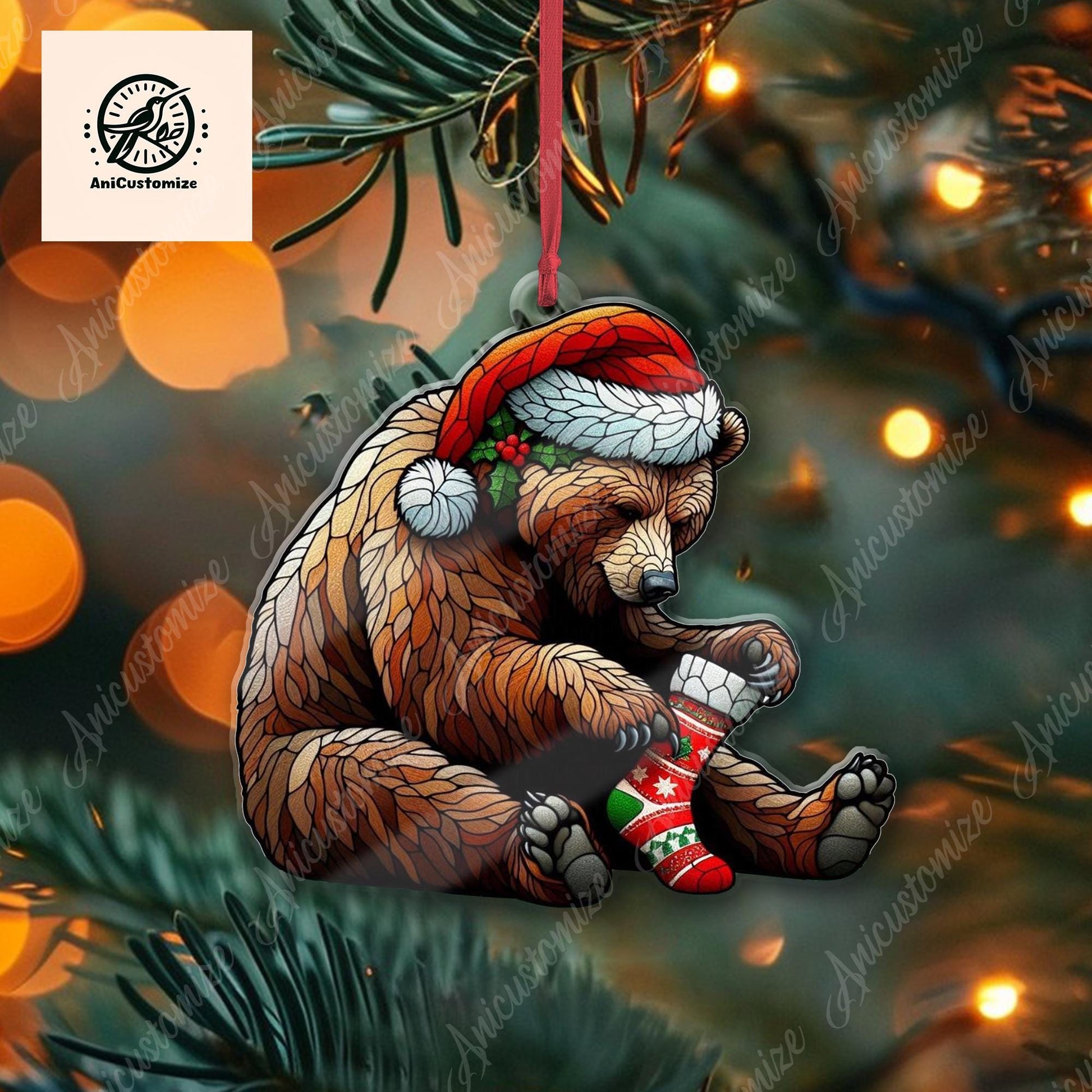 Grizzly Bear Wearing Stocking Christmas Ornament Decor, Funny Grizzly Bear Decor, Grizzly Bear Lover Gift, Funny Christmas Decor, Funny Xmas