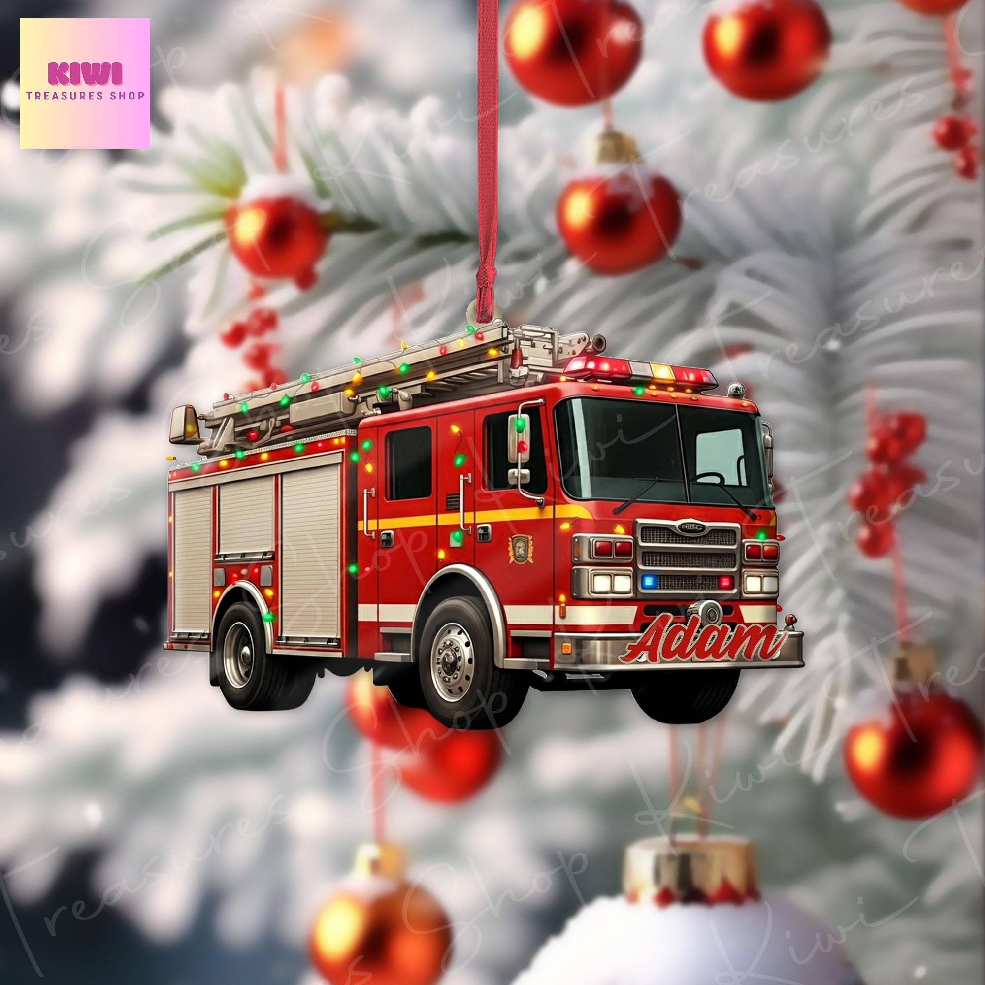 Personalized Fire Engine Christmas 2D FLAT Ornament, Xmas Tree Decoration, Custom Name Gift For Him, Dad, Firefighter, Fireman, Fire Truck