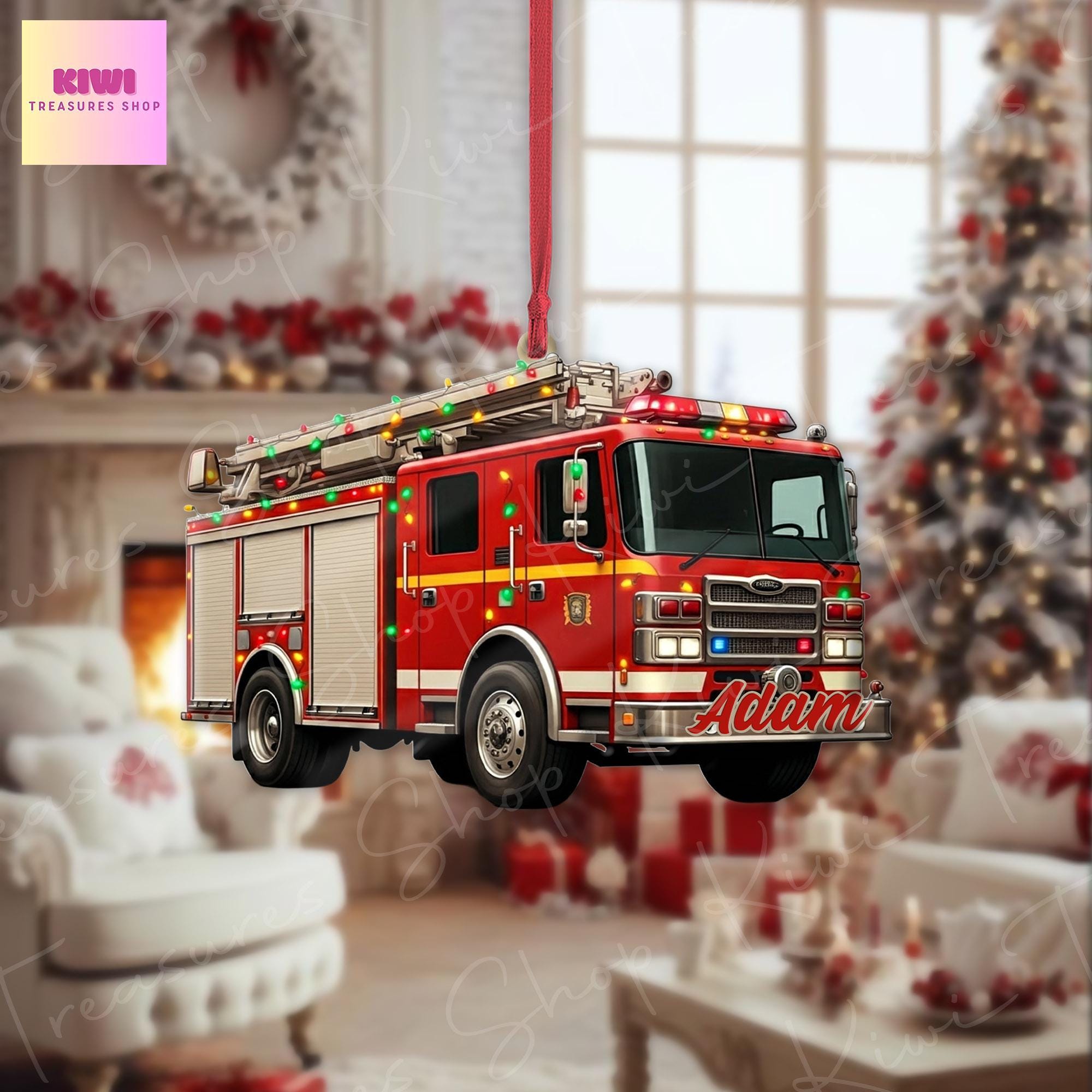 Personalized Fire Engine Christmas 2D FLAT Ornament, Xmas Tree Decoration, Custom Name Gift For Him, Dad, Firefighter, Fireman, Fire Truck