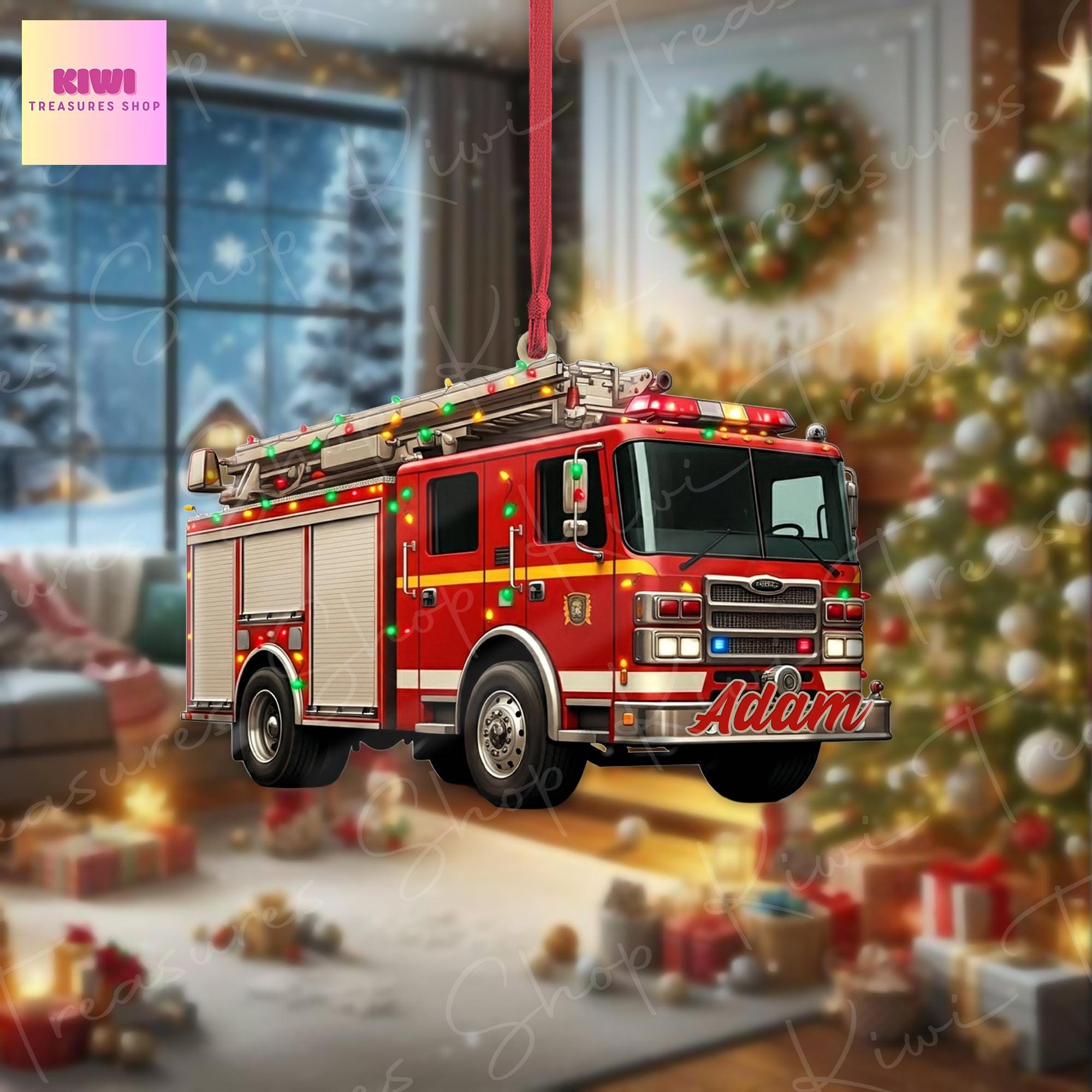 Personalized Fire Engine Christmas 2D FLAT Ornament, Xmas Tree Decoration, Custom Name Gift For Him, Dad, Firefighter, Fireman, Fire Truck
