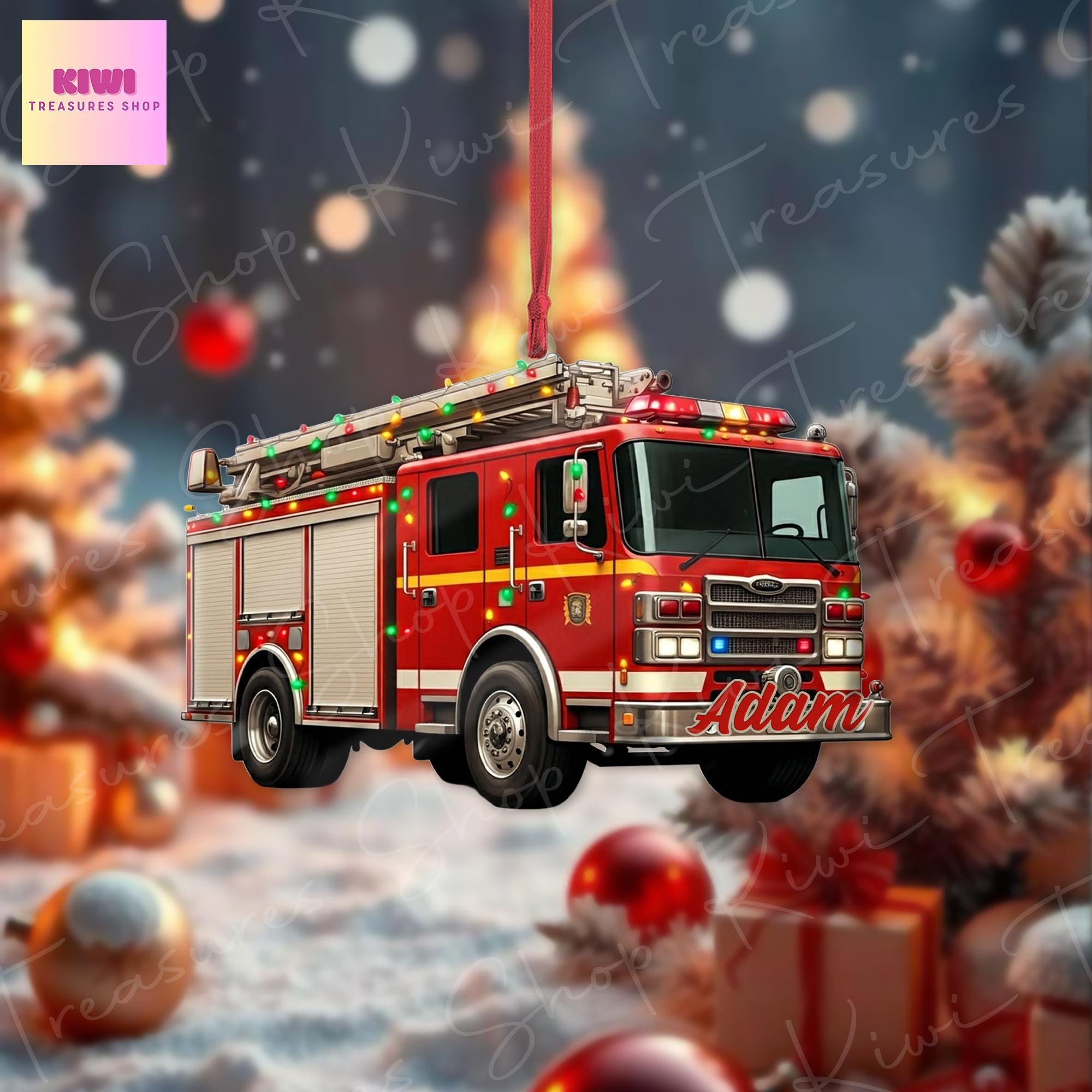 Personalized Fire Engine Christmas 2D FLAT Ornament, Xmas Tree Decoration, Custom Name Gift For Him, Dad, Firefighter, Fireman, Fire Truck