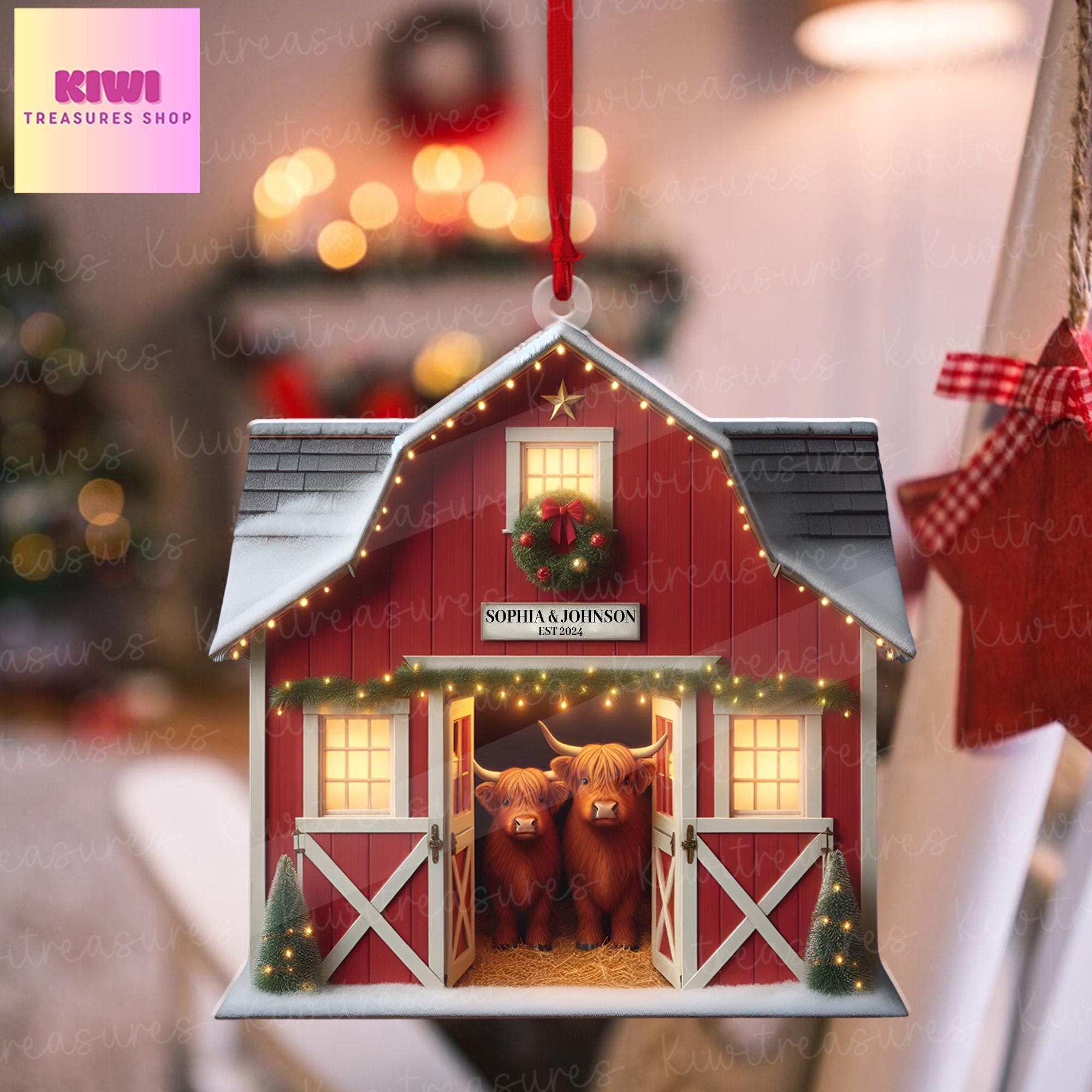 Personalized Red Barn Ornament, highland cow couple ornament, Farmhouse christmas tree hanging, idea gift for couple, FLAT 2d ornament