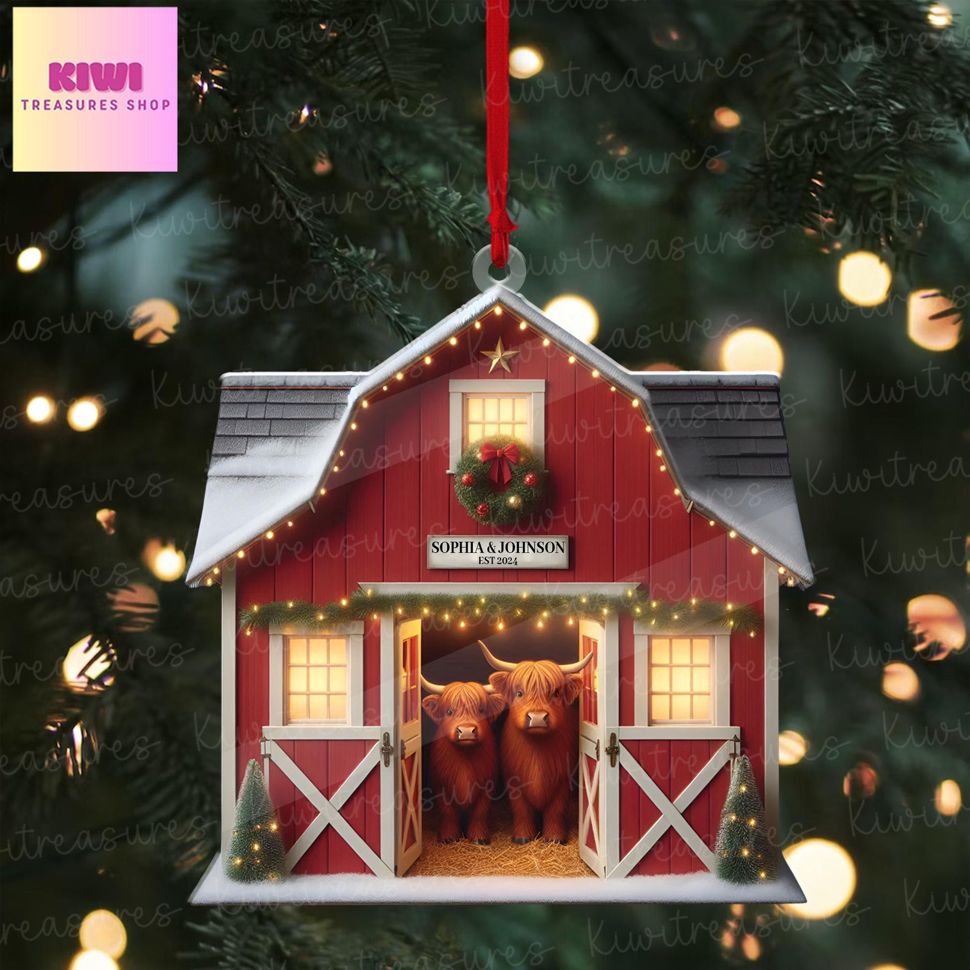 Personalized Red Barn Ornament, highland cow couple ornament, Farmhouse christmas tree hanging, idea gift for couple, FLAT 2d ornament