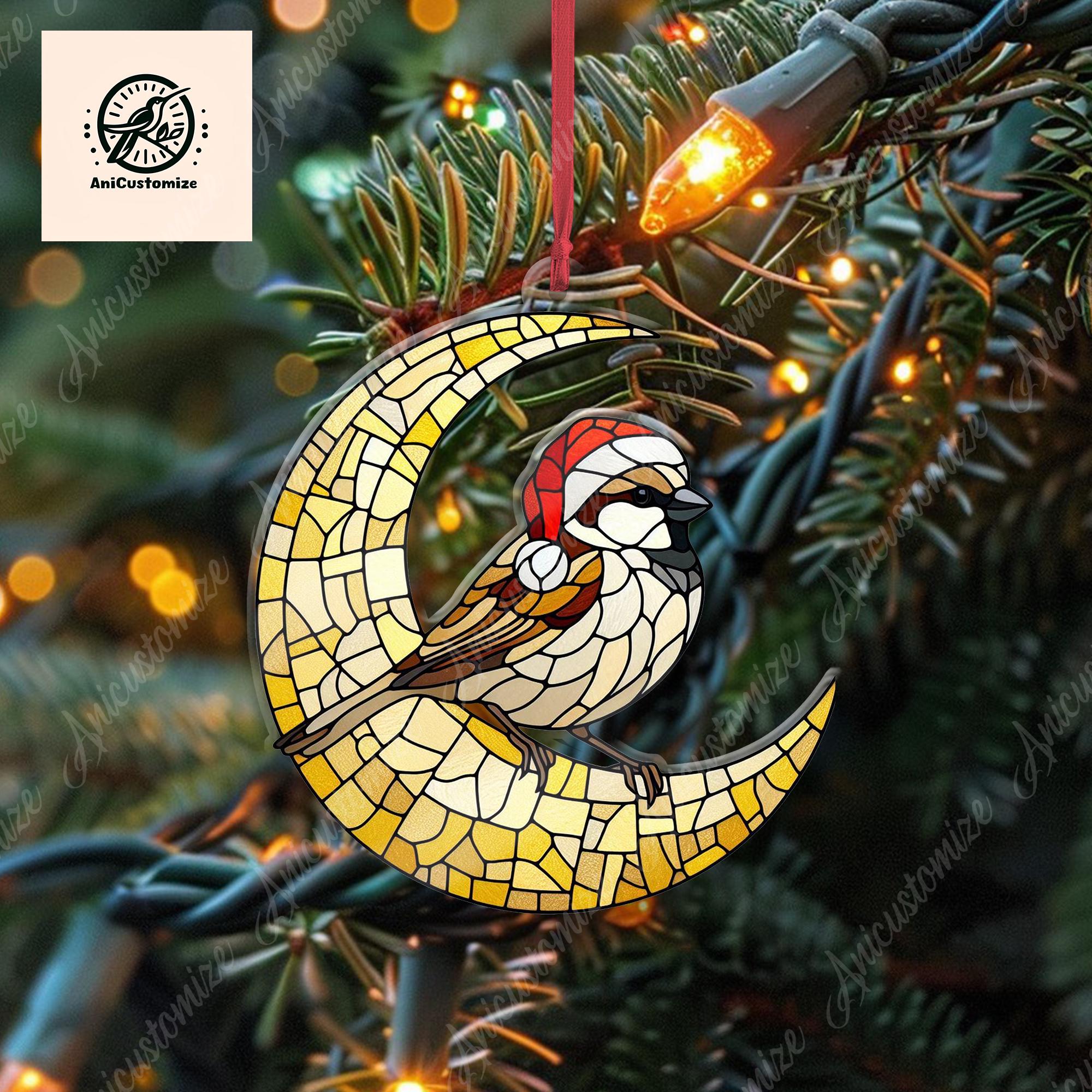 House Sparrow Christmas Ornament, House Sparrow Sit On The Crescent Moon Ornament, Christmas Tree Decor, Bird Lovers Gift Ornament
