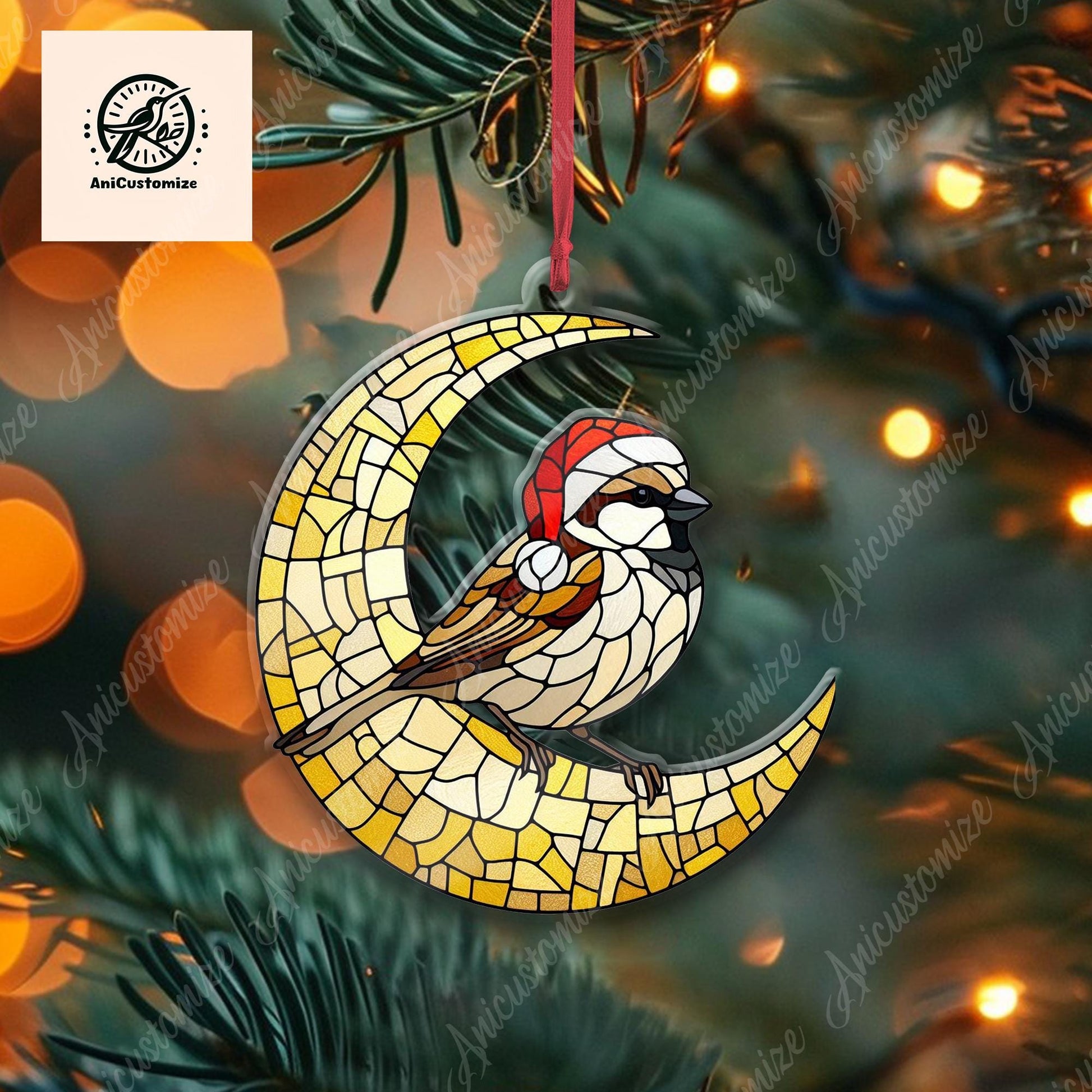 House Sparrow Christmas Ornament, House Sparrow Sit On The Crescent Moon Ornament, Christmas Tree Decor, Bird Lovers Gift Ornament