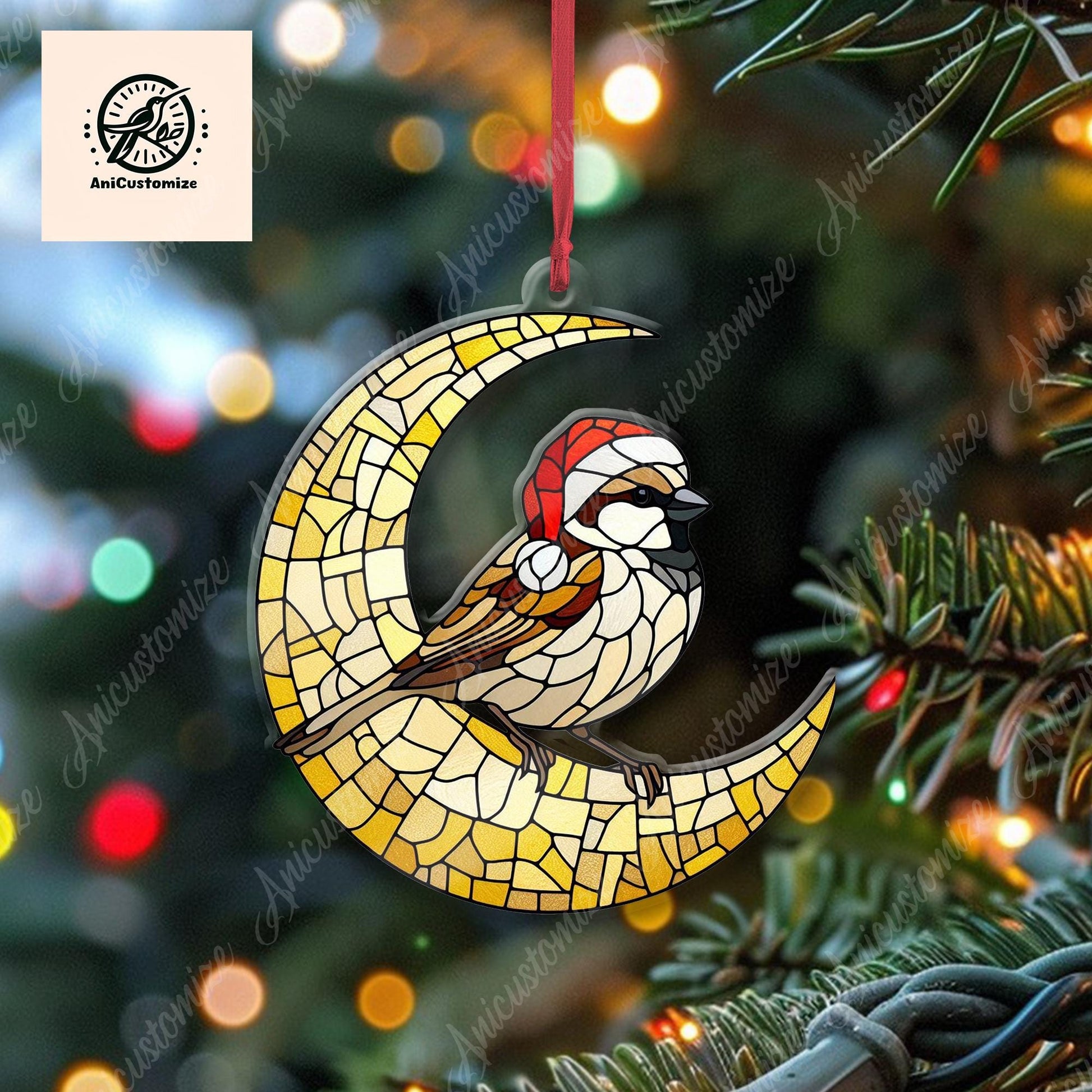 House Sparrow Christmas Ornament, House Sparrow Sit On The Crescent Moon Ornament, Christmas Tree Decor, Bird Lovers Gift Ornament