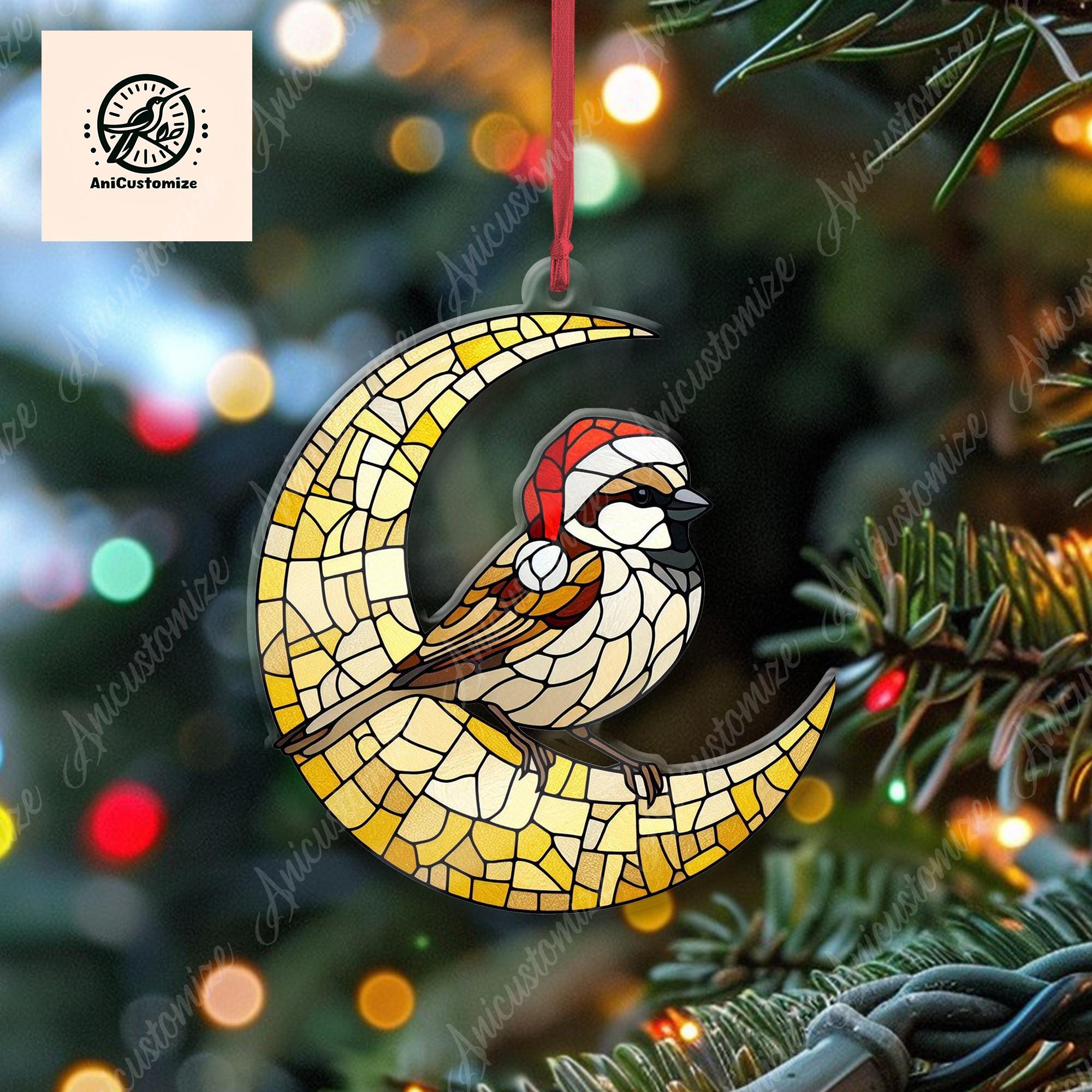 House Sparrow Christmas Ornament, House Sparrow Sit On The Crescent Moon Ornament, Christmas Tree Decor, Bird Lovers Gift Ornament