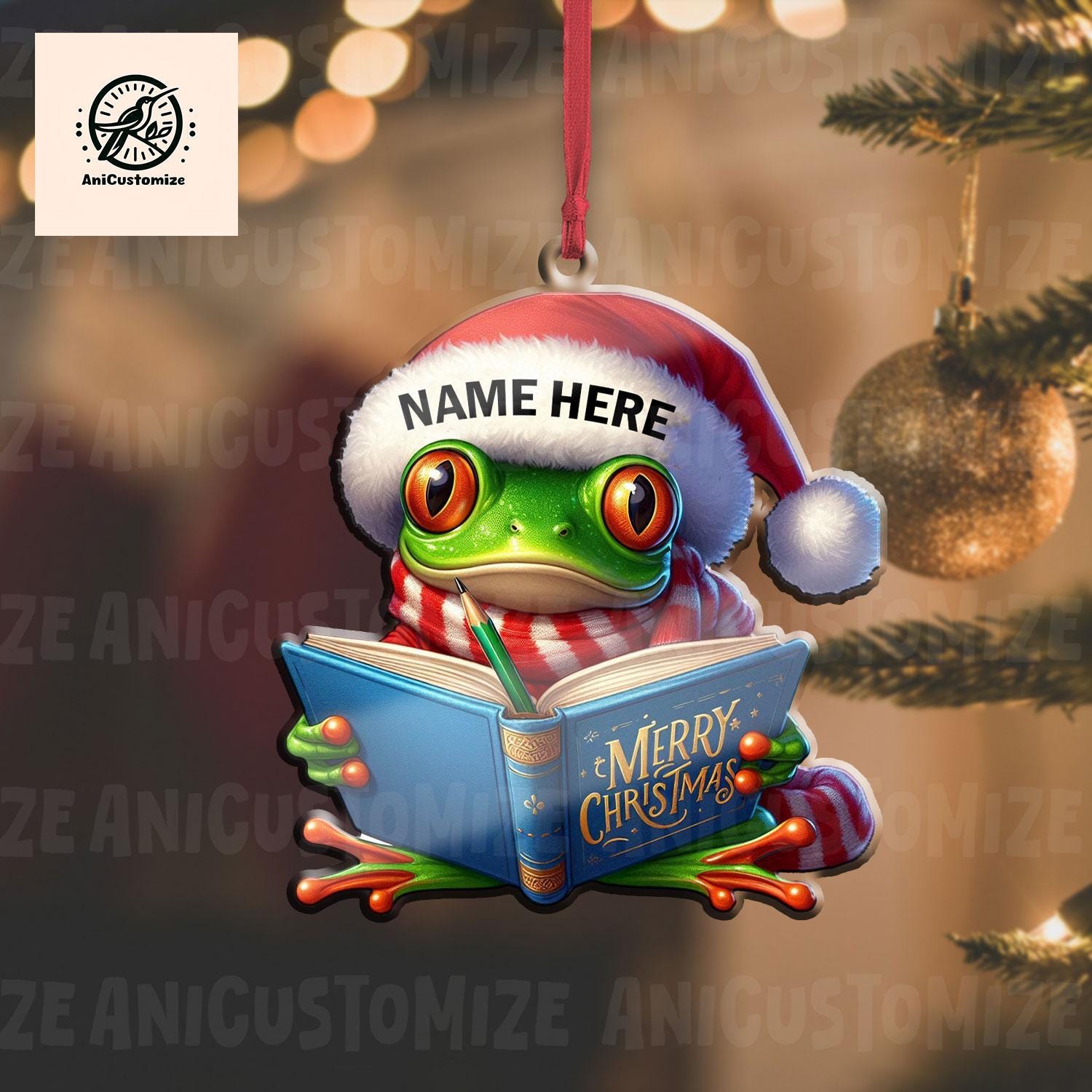 Personalized Frog Reading Book Christmas Ornament, 2D FLAT Frog Xmas Ornament, Christmas Tree Decor, Christmas Gift, Gift For Frog Lover