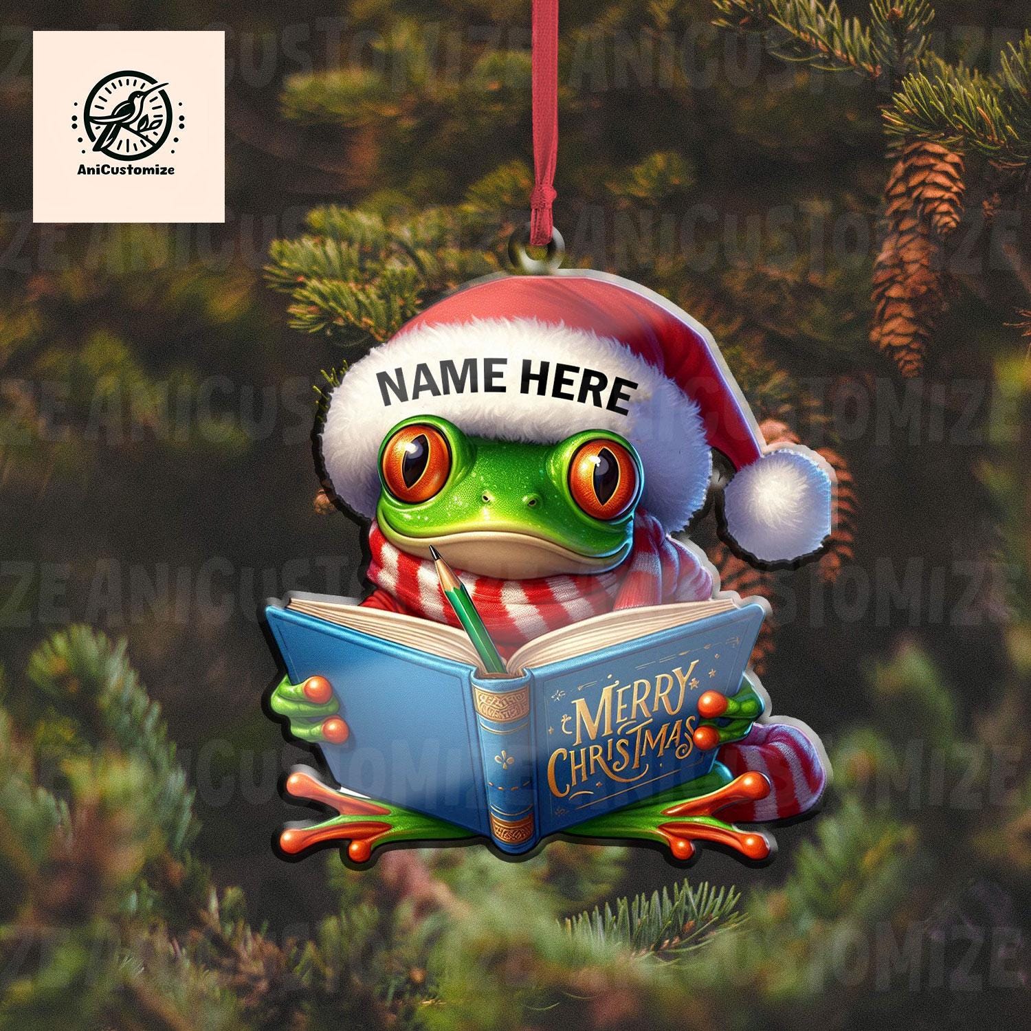 Personalized Frog Reading Book Christmas Ornament, 2D FLAT Frog Xmas Ornament, Christmas Tree Decor, Christmas Gift, Gift For Frog Lover