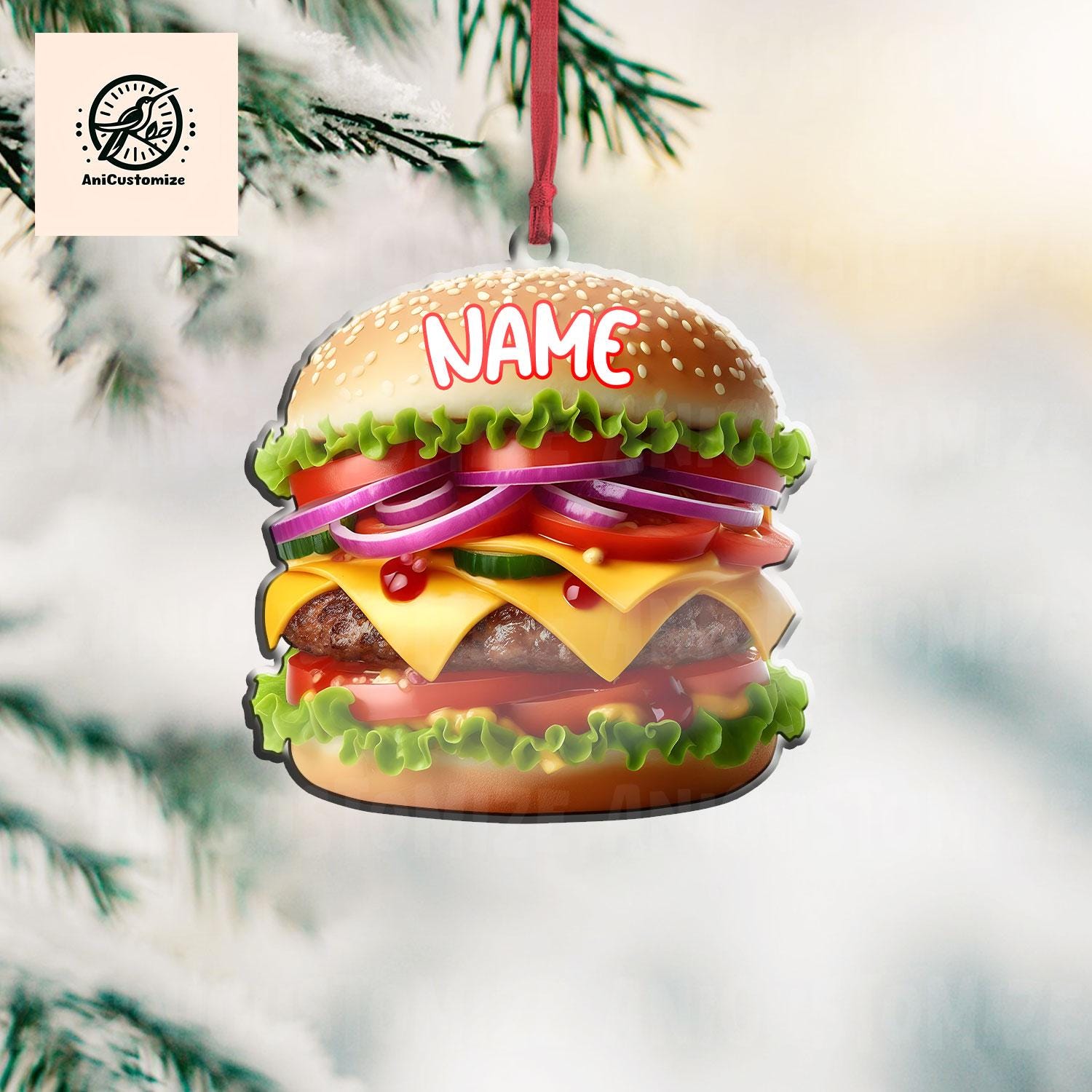 Personalized Cheeseburger 2D FLAT Ornament, Cheeseburger Lover Decor, Hamburger Ornament, Foodie Xmas, Funny Food Gifts,Gift For Food Junkie