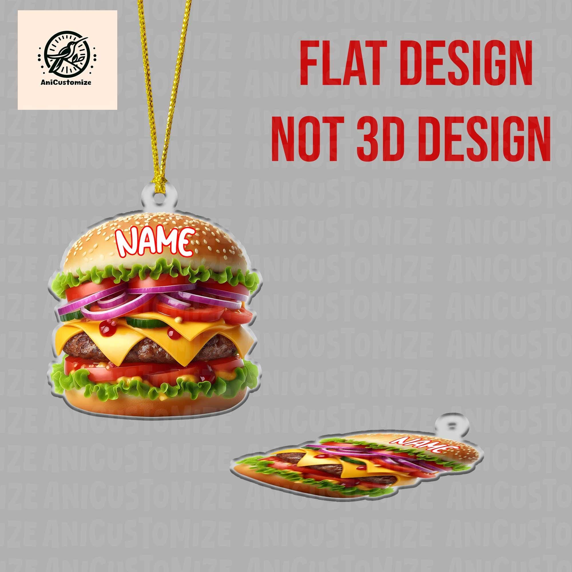 Personalized Cheeseburger 2D FLAT Ornament, Cheeseburger Lover Decor, Hamburger Ornament, Foodie Xmas, Funny Food Gifts,Gift For Food Junkie
