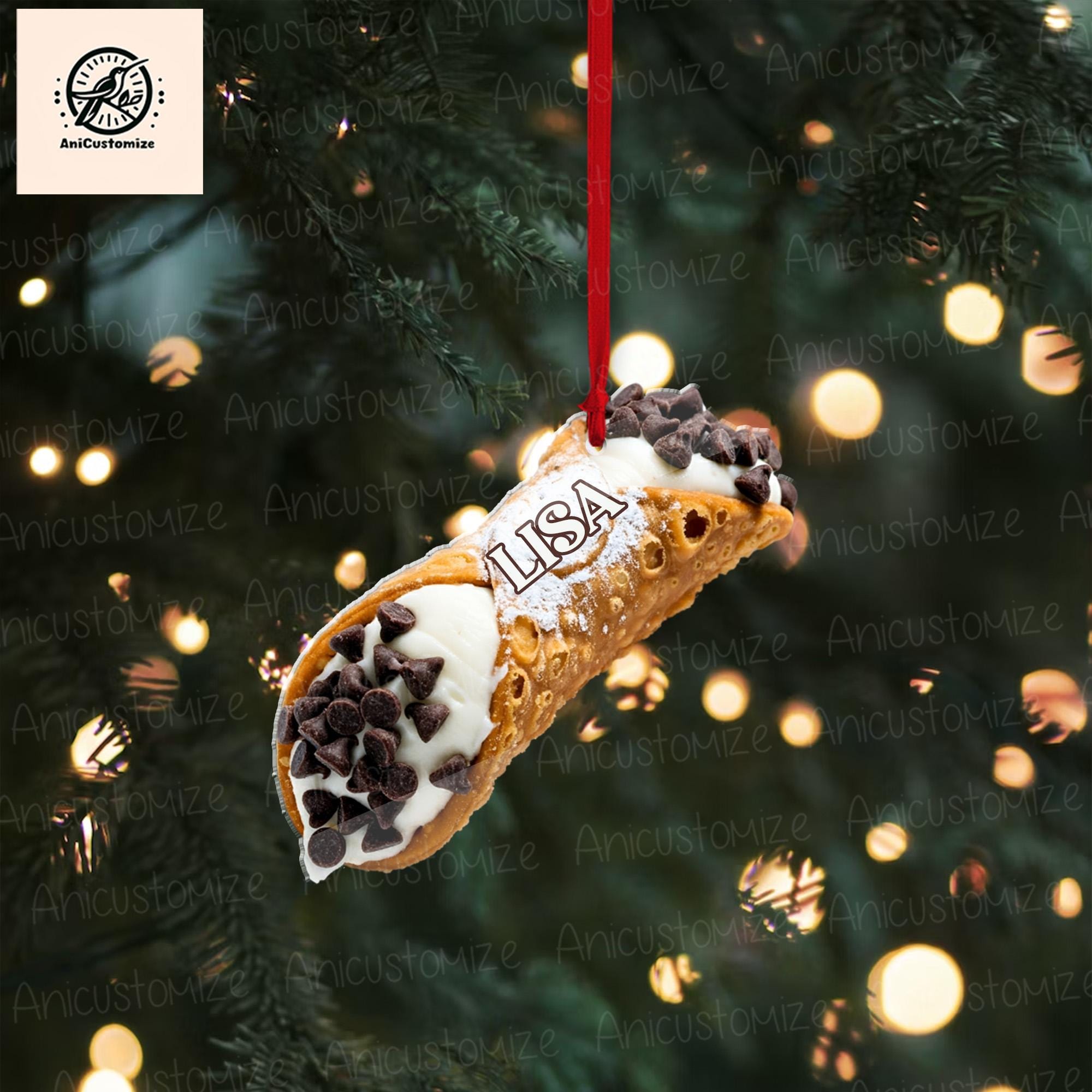 Personalized Cannoli Ornament, 2D FLAT Christmas Ornament, Italian Pastry Dessert Food Xmas Ornament, Buon Natale, Pistachio, Chocolate Chip