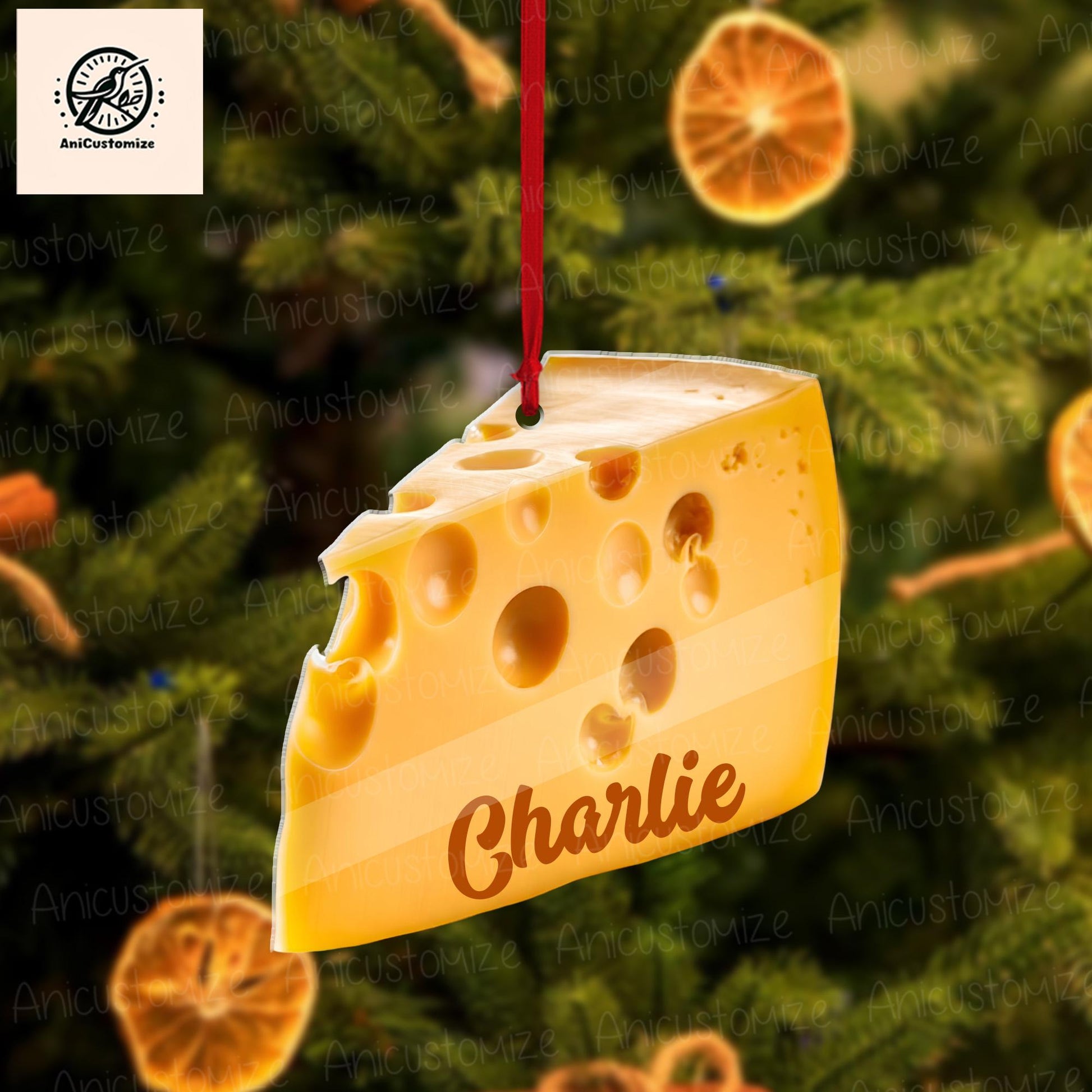 Personalized Cheese Ornament, 2D FLAT Christmas Ornament, Small Funky Cheese Wedge Foodie Lover Food Xmas Ornament, Quirky Ornament Gift
