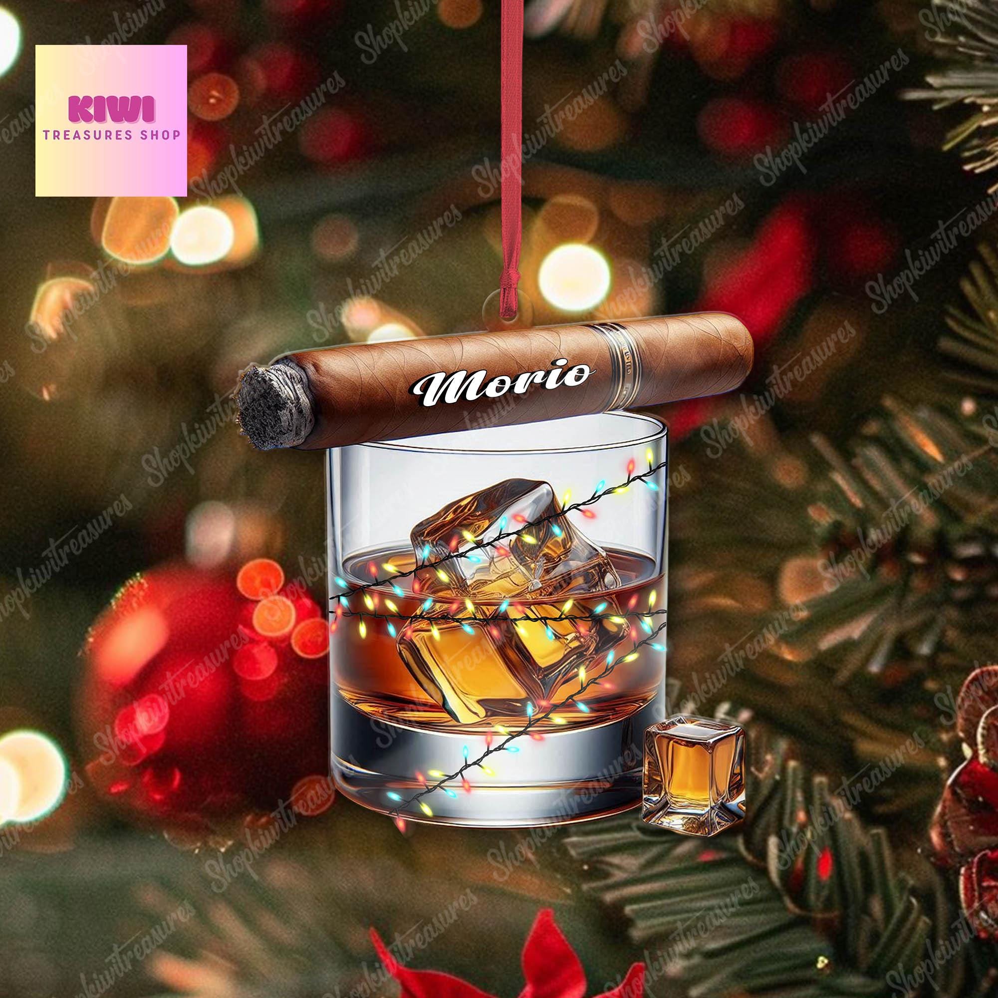 Personalized Whiskey & cigar ornament, 2d Flat whiskey ornament, cigar whiskey glass lover, gift for husband, christmas tree hanging