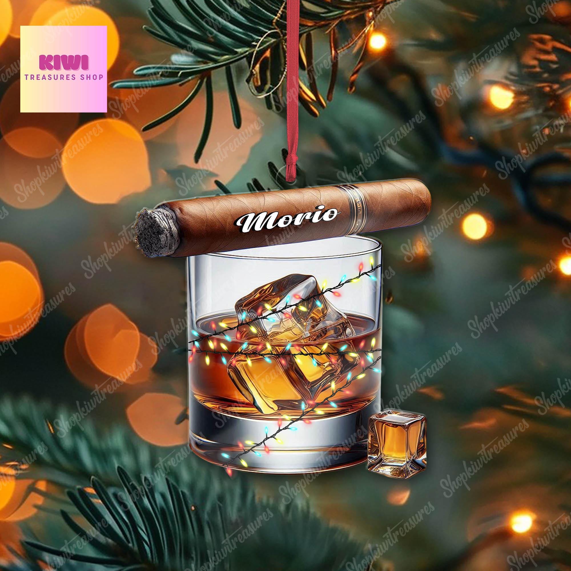 Personalized Whiskey & cigar ornament, 2d Flat whiskey ornament, cigar whiskey glass lover, gift for husband, christmas tree hanging