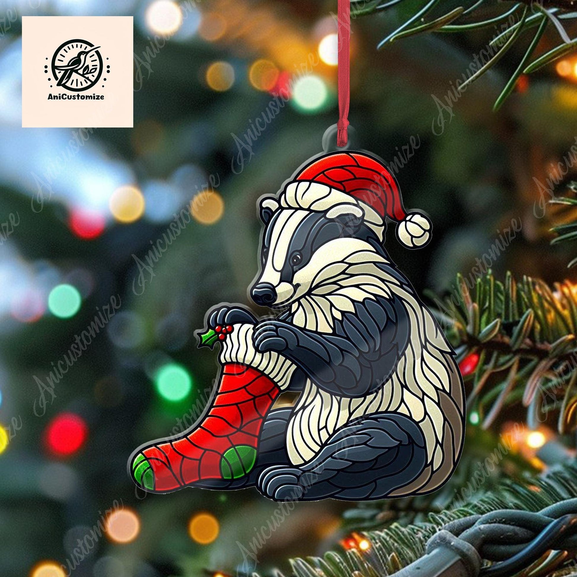 Badger Wearing Stocking Christmas Ornament Decor, Funny Badger Decor, Badger Lover Gift, Funny Christmas Decor, Funny Xmas Gift, Xmas Decor