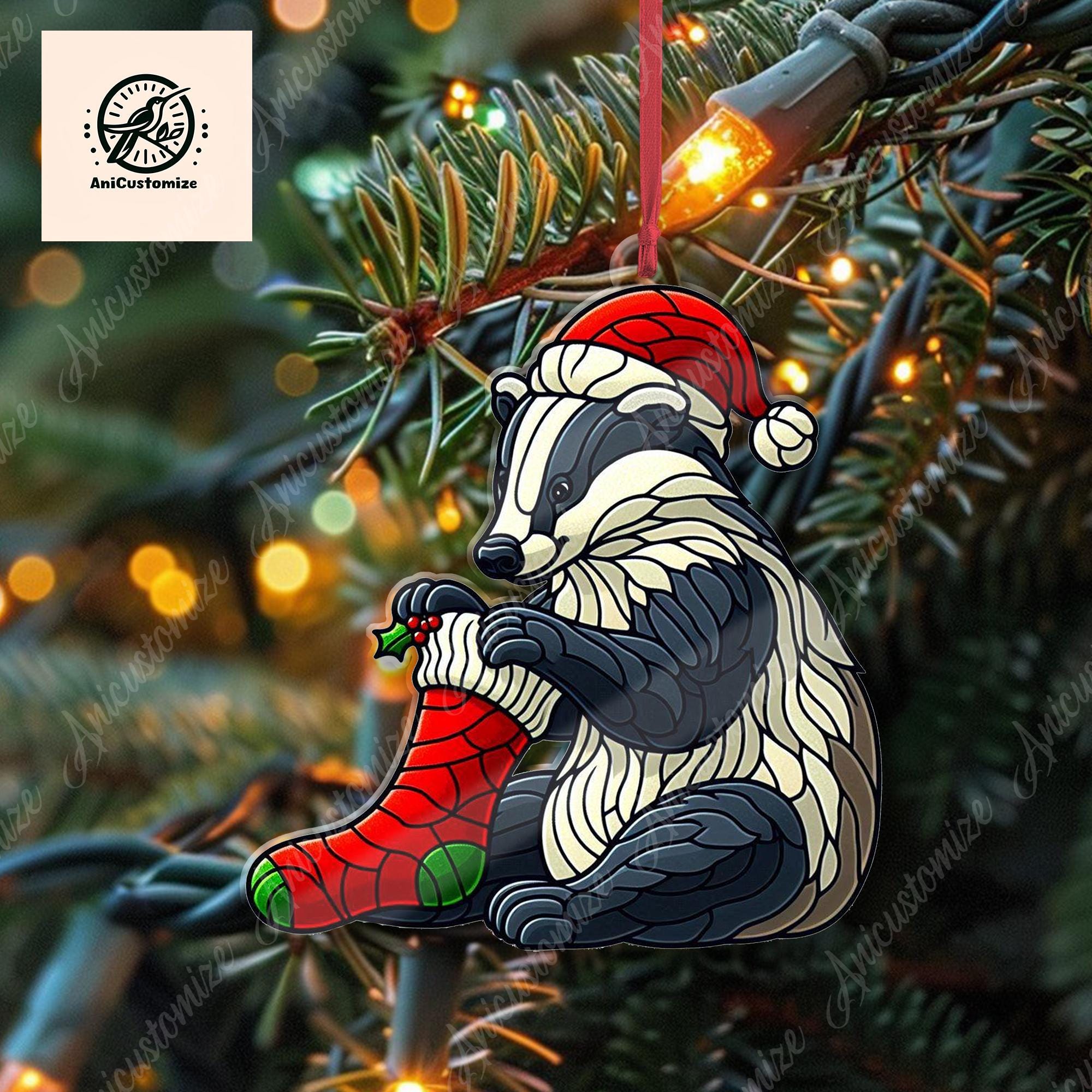 Badger Wearing Stocking Christmas Ornament Decor, Funny Badger Decor, Badger Lover Gift, Funny Christmas Decor, Funny Xmas Gift, Xmas Decor