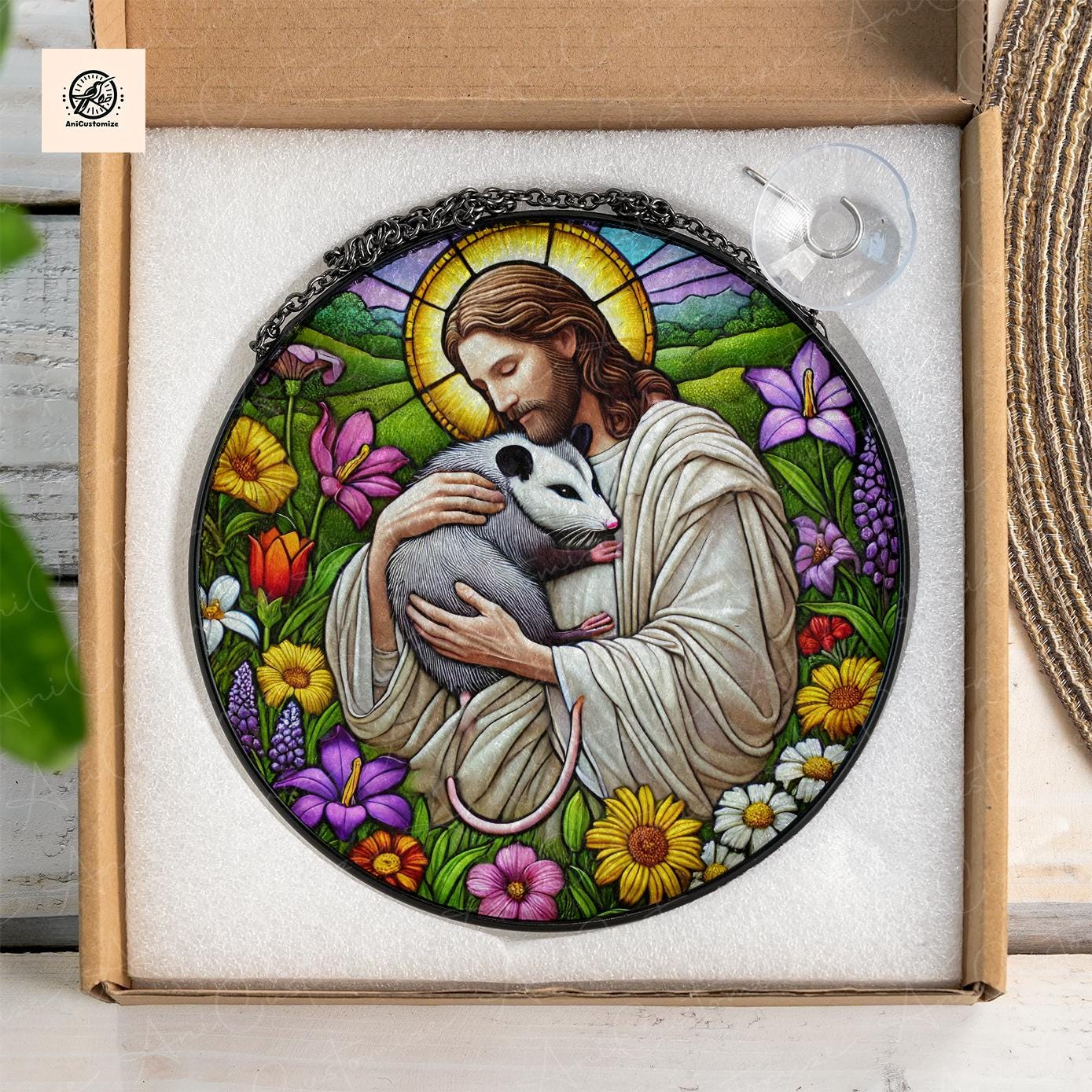 Jesus Hugging Possum GLASS Suncatcher Decor, Funny Christmas,Funny Decor, Christian Gift, Possum Decor, Funny Animal Gift, Xmas Gift