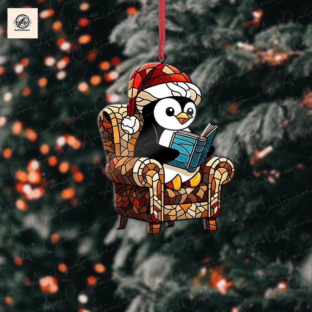 Penguin Reading Christmas Ornament, Penguin Sit In Armchair Ornament, Animal Ornament, Christmas Ornament, Bookish Gift, Penguin Book Lovers