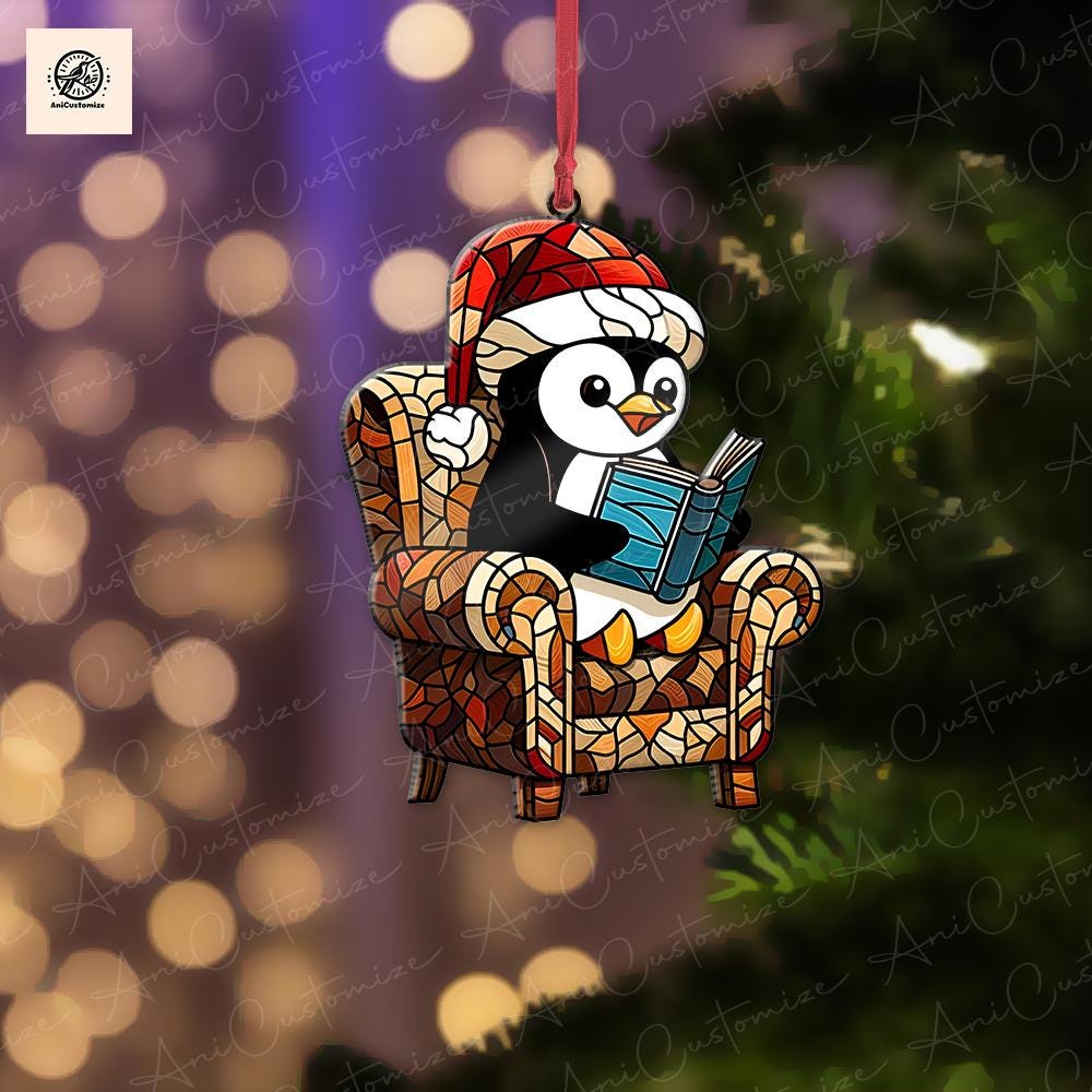 Penguin Reading Christmas Ornament, Penguin Sit In Armchair Ornament, Animal Ornament, Christmas Ornament, Bookish Gift, Penguin Book Lovers