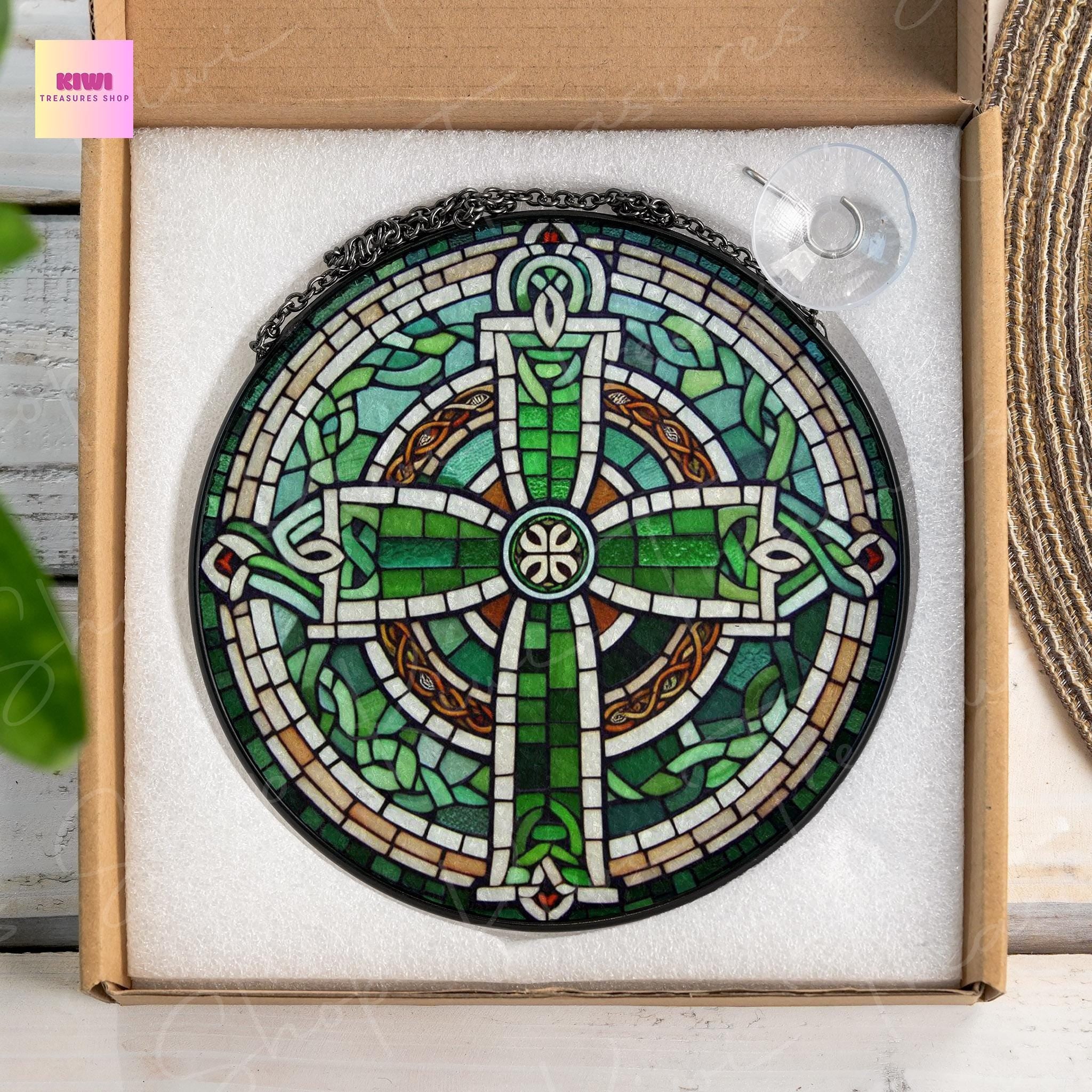 Celtic Cross GLASS Suncatcher Hanging, Ireland Wall Art, Window Hanging, Indoor Decor, Irish window decor, Celtic glass hanging