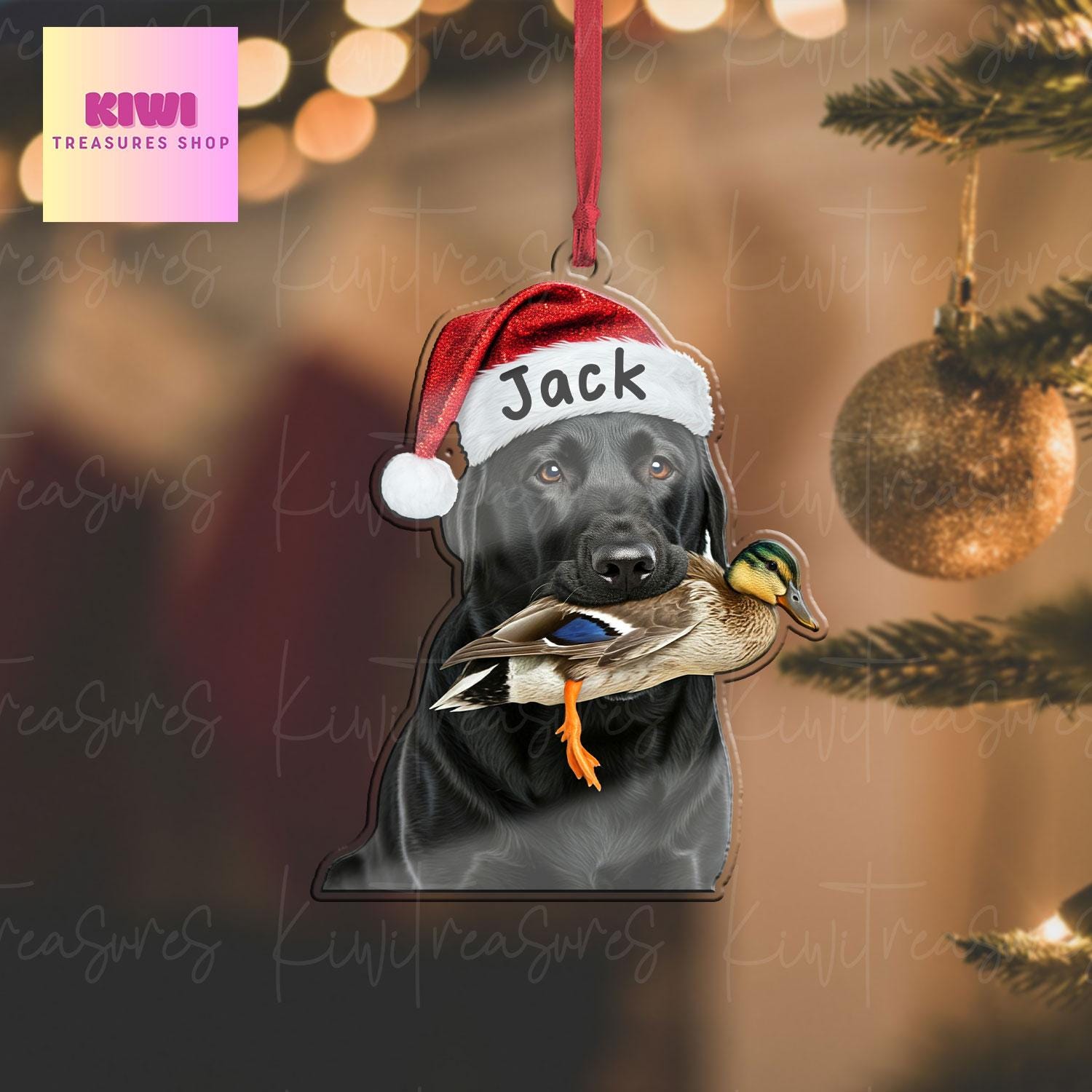 Personalized Black labrador dog Ornament, mallard duck ornament, Flat 2D Ornament, dog and duck, hunter idea gift, black labrador ornament