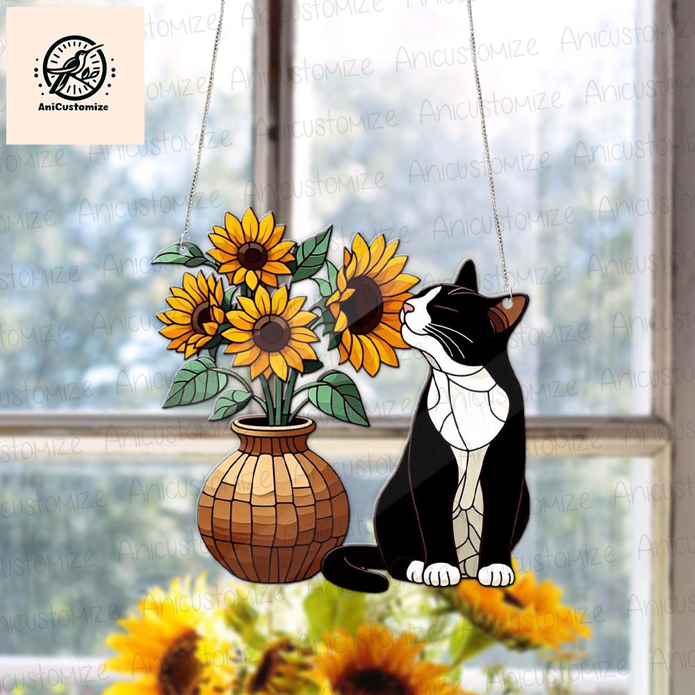 Tuxedo Cat With Sunflower ACRYLIC Window Hanging, Floral Cat Decor, Funny Cat Decor, Tuxedo Cat Lover Decor, Cat Mom Gift, Cat Mama
