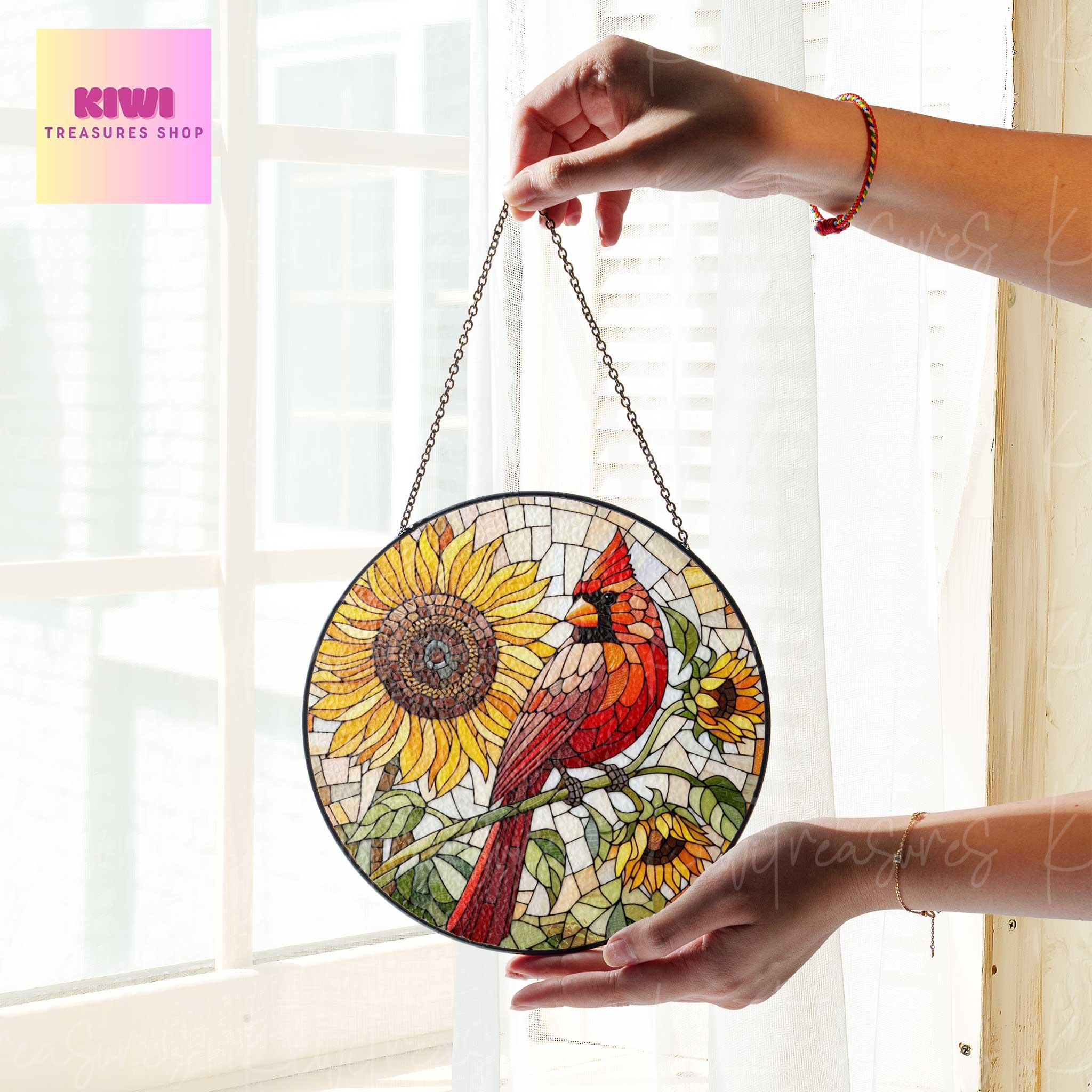 Cardinal and sunflowers GLASS suncatcher Hanging, birds glass hanging, cardinal suncatcher, sunflower lover idea gift, Kitchen decor