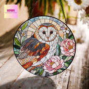 Barn Owl and peonies GLASS suncatcher Hanging, Owl glass hanging, Peonies suncatcher, peony lover idea gift, Kitchen decor, owl lover
