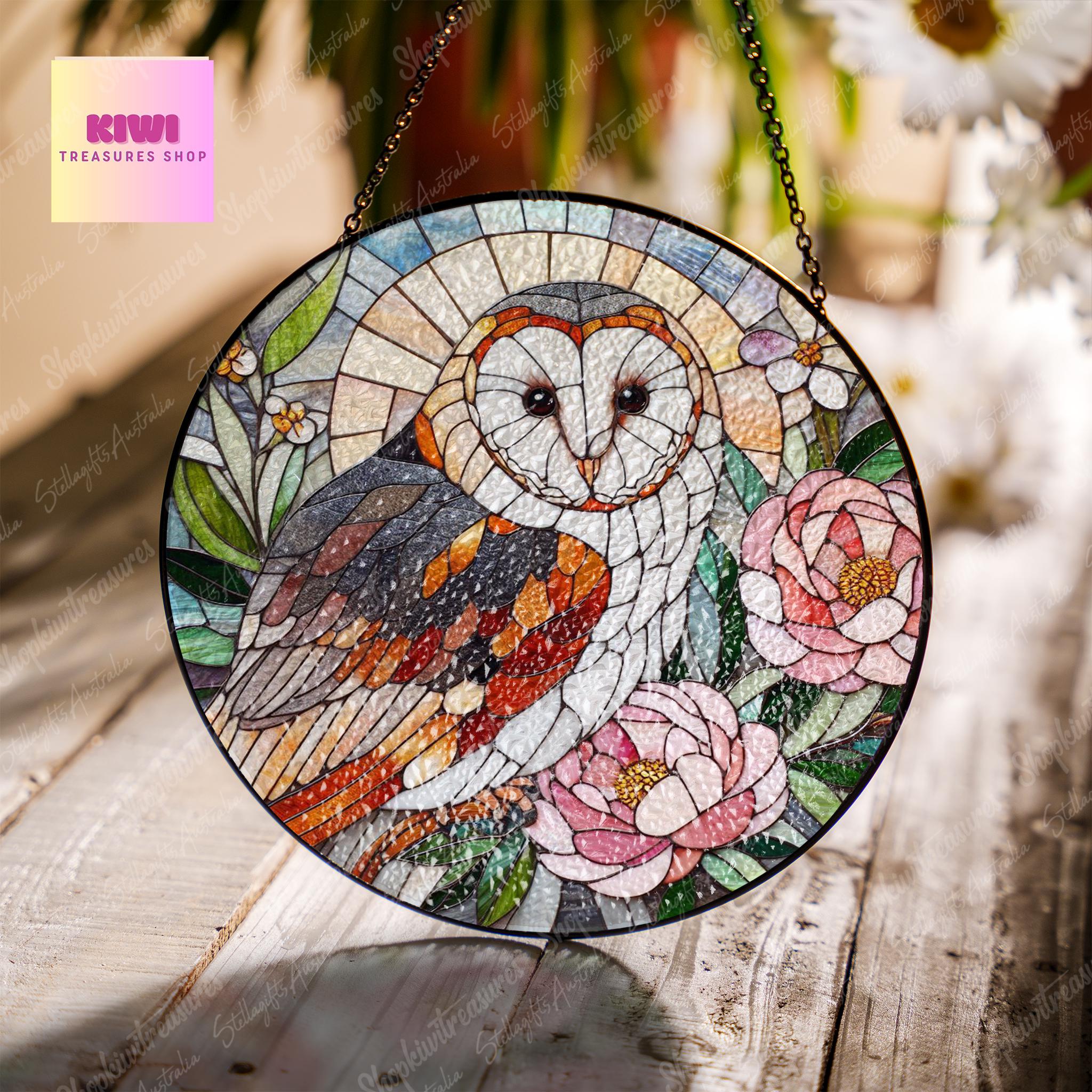 Barn Owl and peonies GLASS suncatcher Hanging, Owl glass hanging, Peonies suncatcher, peony lover idea gift, Kitchen decor, owl lover
