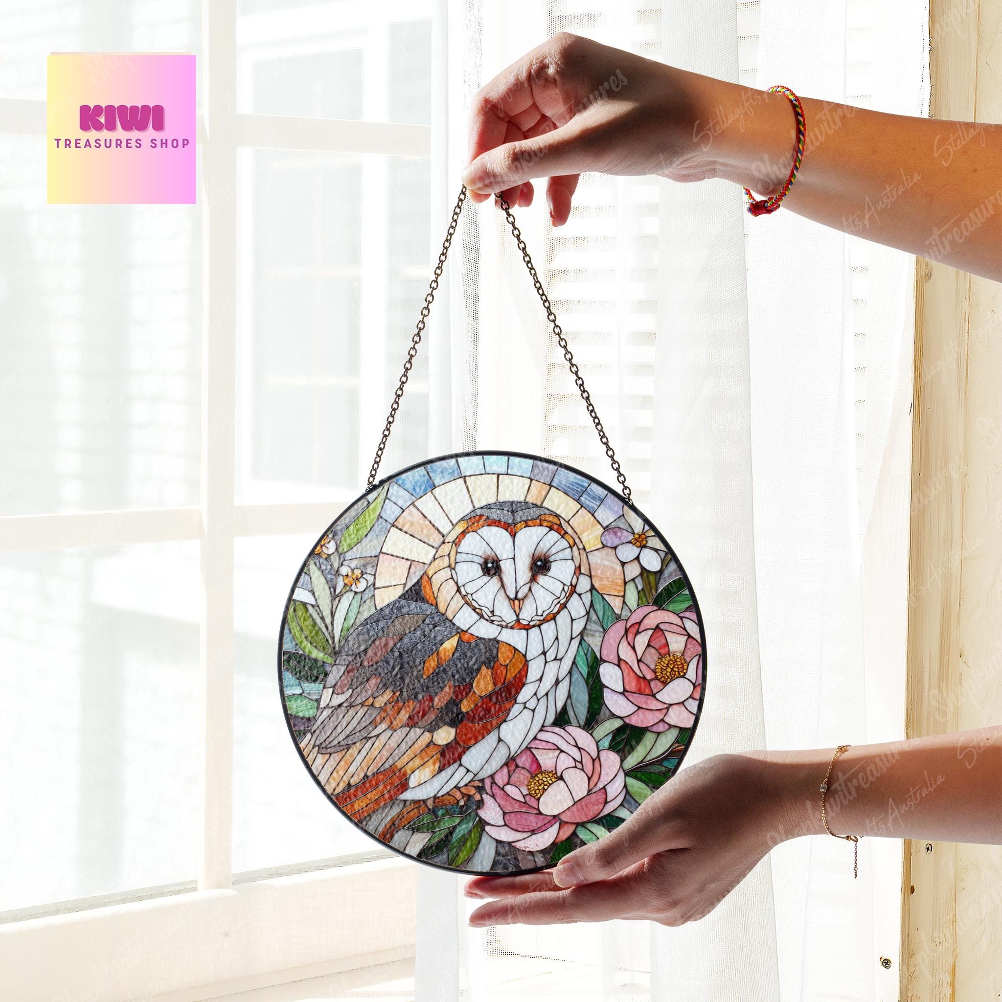 Barn Owl and peonies GLASS suncatcher Hanging, Owl glass hanging, Peonies suncatcher, peony lover idea gift, Kitchen decor, owl lover