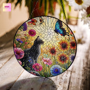 Wildflower Garden Black Cat GLASS Window Hanging, Glass suncatcher,  Flower Mom GIft, Butterfly Lover, Black Cat Lover, Cat Mom Gift