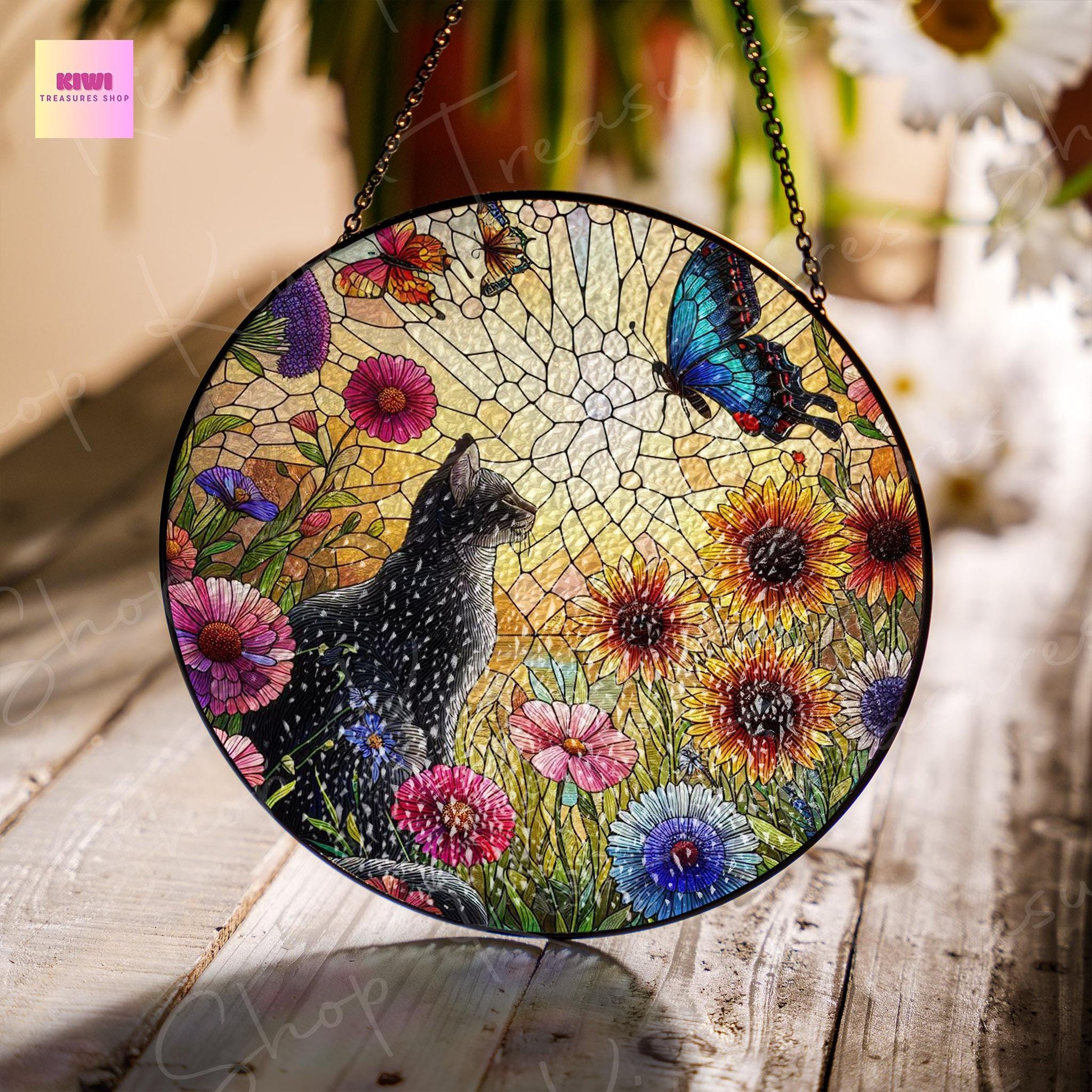 Wildflower Garden Black Cat GLASS Window Hanging, Glass suncatcher,  Flower Mom GIft, Butterfly Lover, Black Cat Lover, Cat Mom Gift