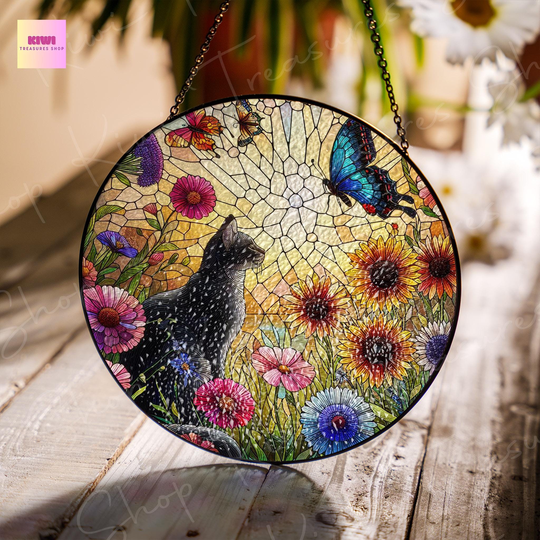Wildflower Garden Black Cat GLASS Window Hanging, Glass suncatcher,  Flower Mom GIft, Butterfly Lover, Black Cat Lover, Cat Mom Gift
