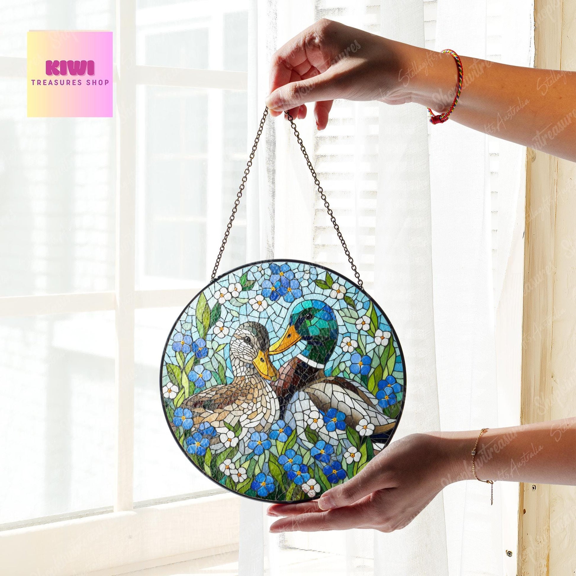 Mallard Duck couple among forget-me-not GLASS Suncatcher Hanging, Duck Lover Decor, Mallard duck, Home Decor, forget me not suncatcher
