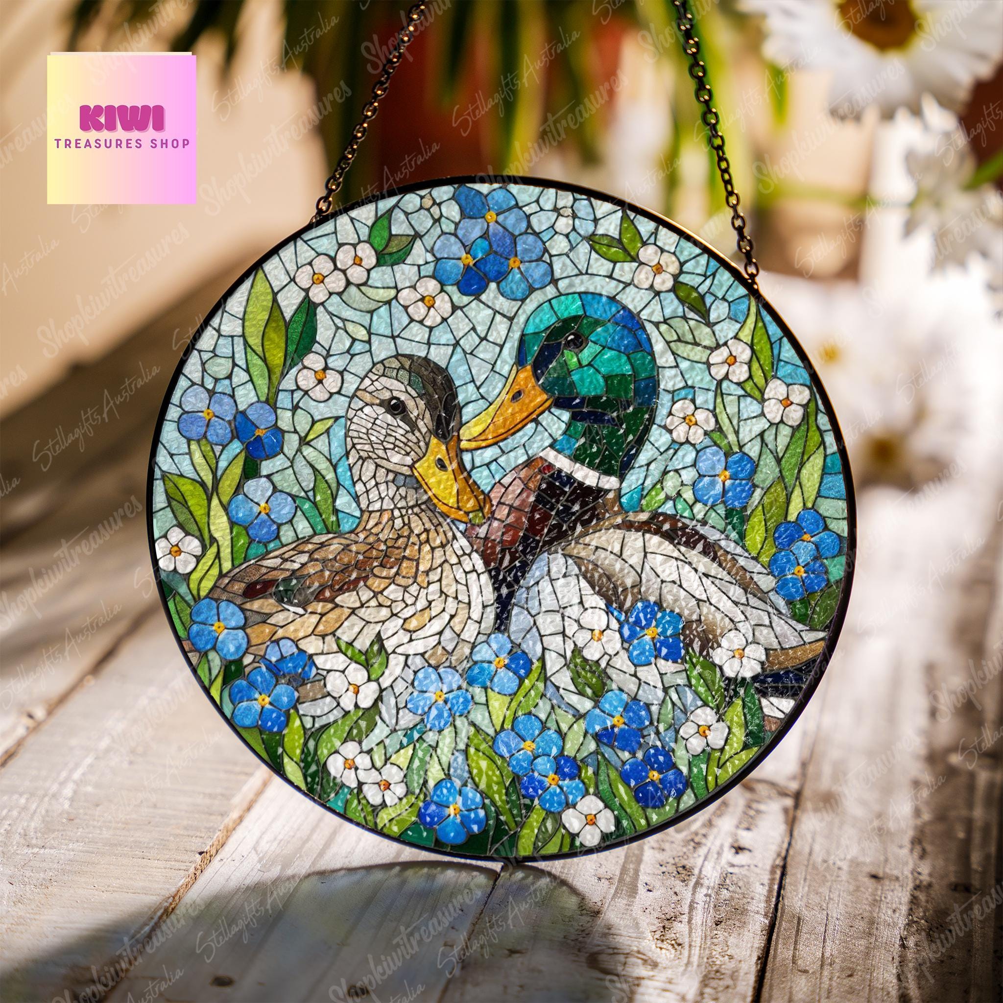 Mallard Duck couple among forget-me-not GLASS Suncatcher Hanging, Duck Lover Decor, Mallard duck, Home Decor, forget me not suncatcher