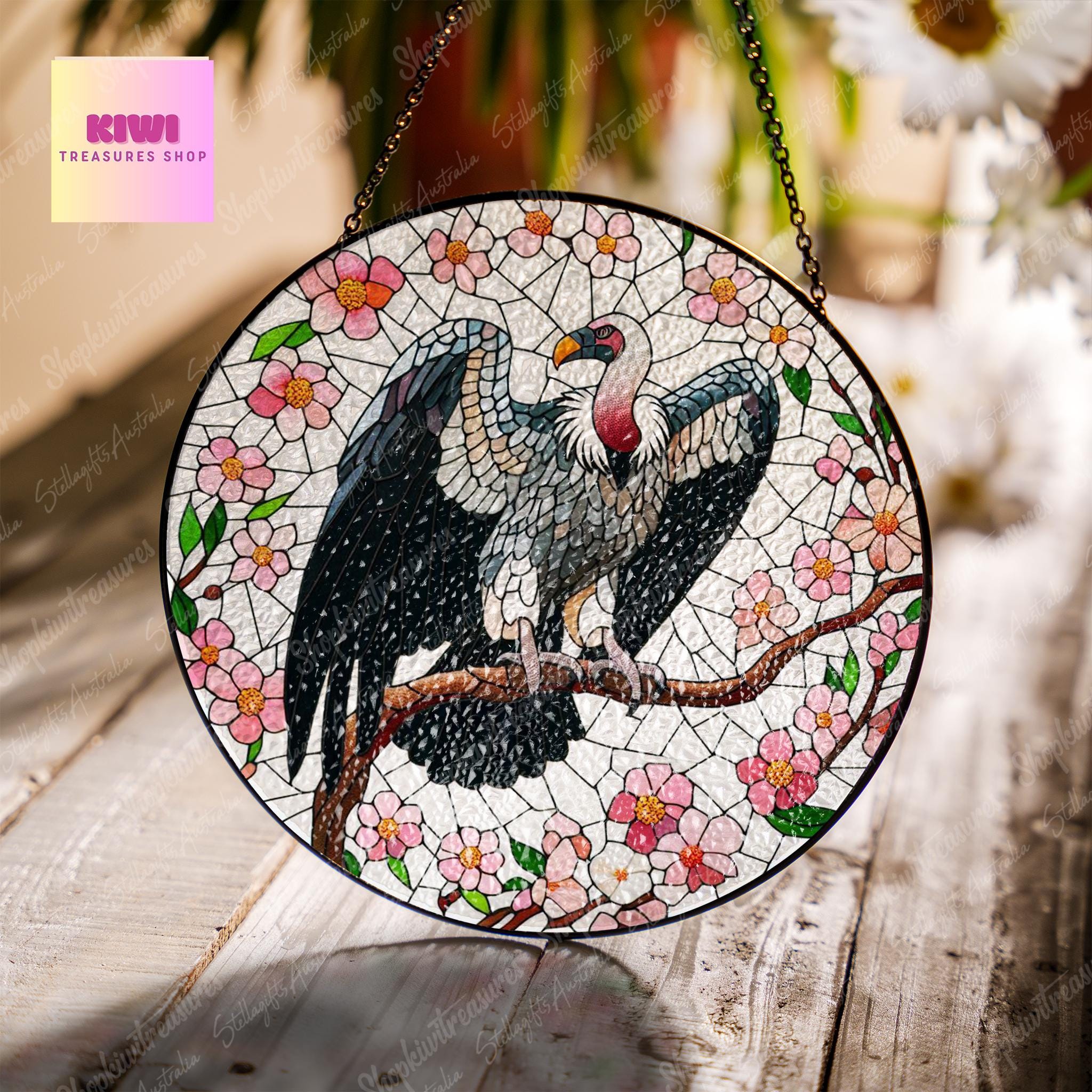 Vulture bird and cherry blossom GLASS Suncatcher, Vulture bird Suncatcher Ornament, Christmas Gift, Housewarming gift, cherry blossom glass