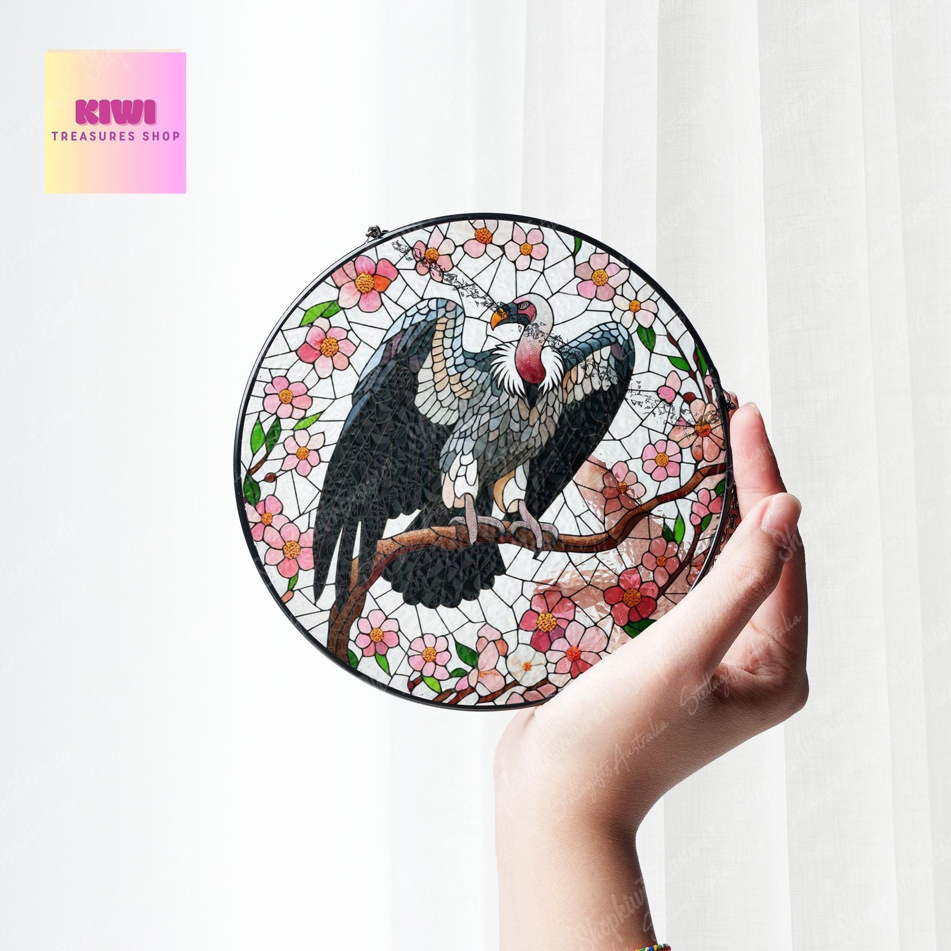 Vulture bird and cherry blossom GLASS Suncatcher, Vulture bird Suncatcher Ornament, Christmas Gift, Housewarming gift, cherry blossom glass